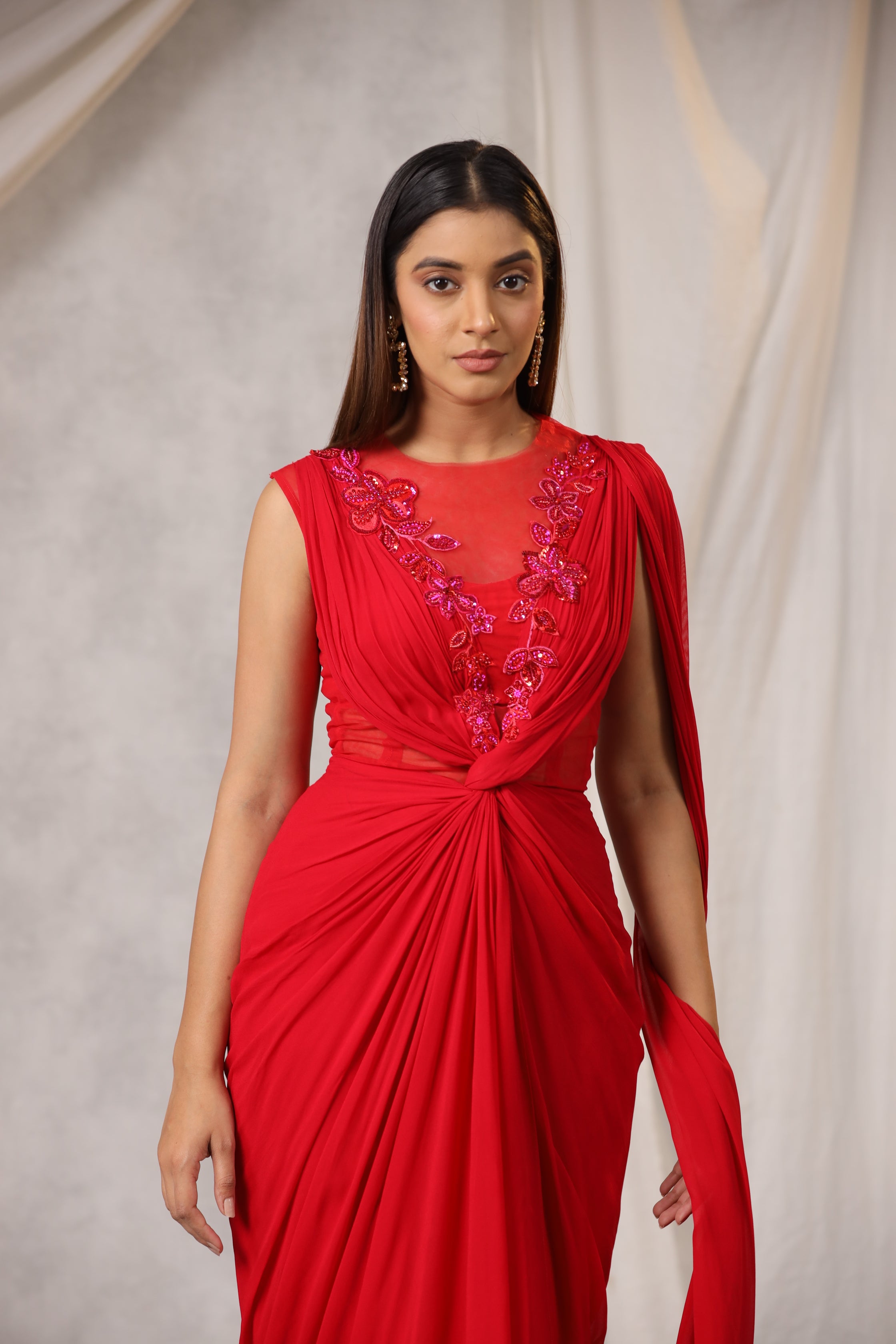 RED GEORGETTE DRAPED SAREE