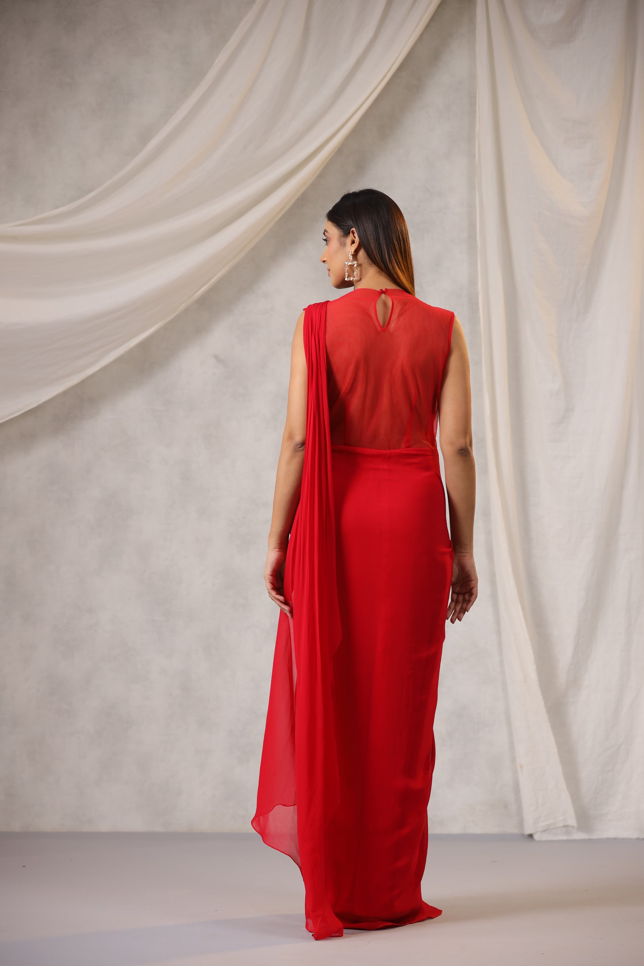 RED GEORGETTE DRAPED SAREE