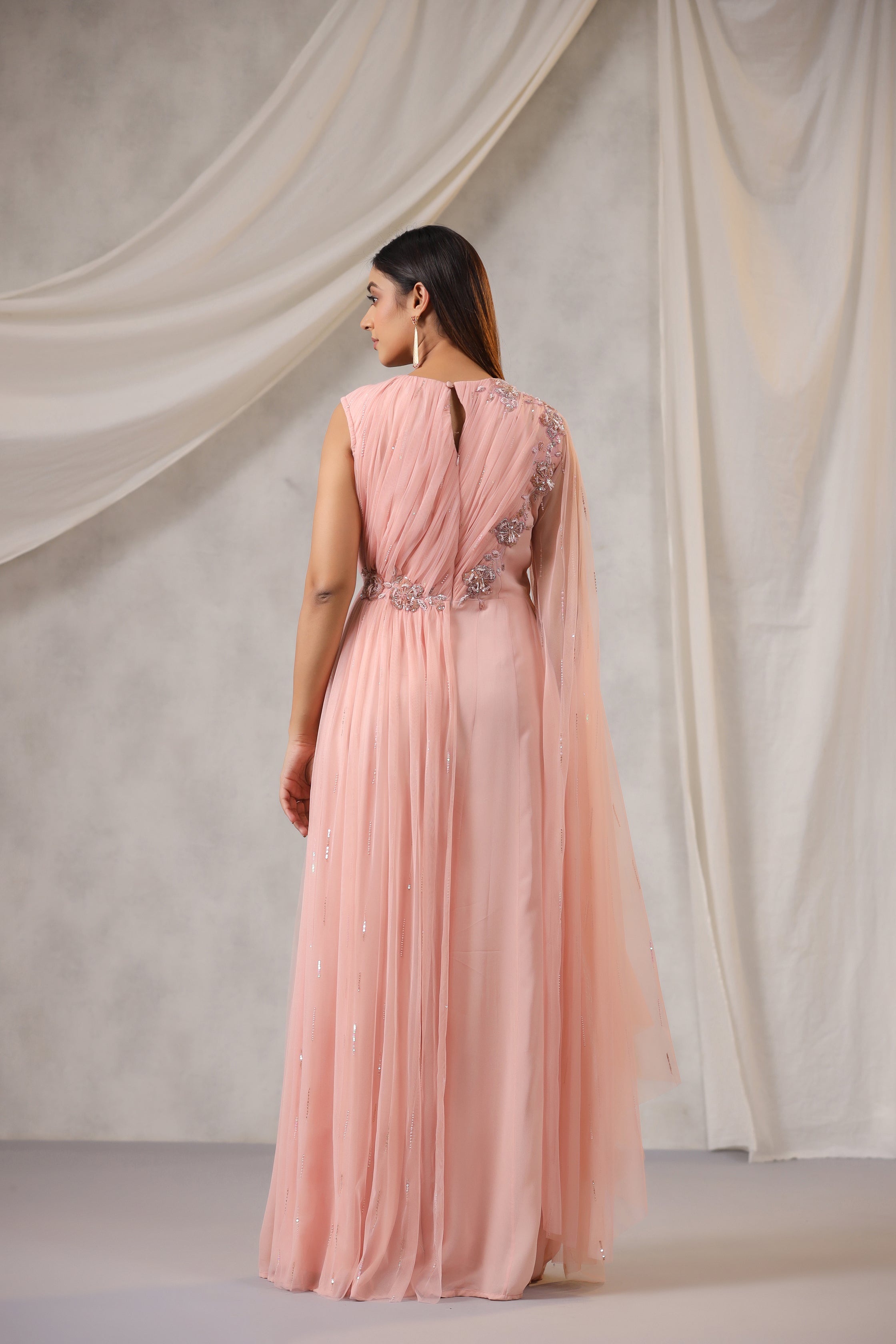 Dusty Peach One Sided Draped Net Jump Suit