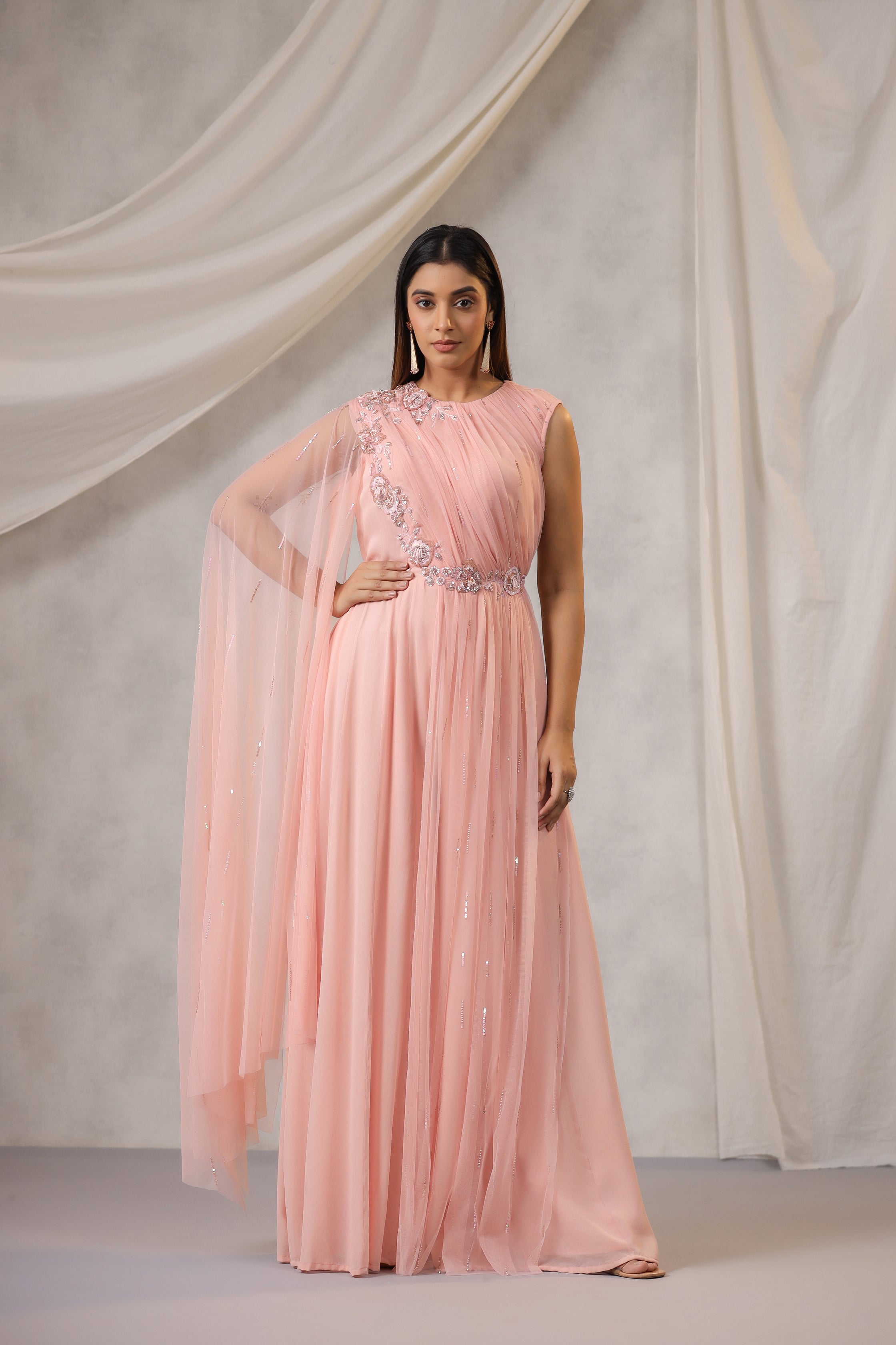 Dusty Peach One Sided Draped Net Jump Suit