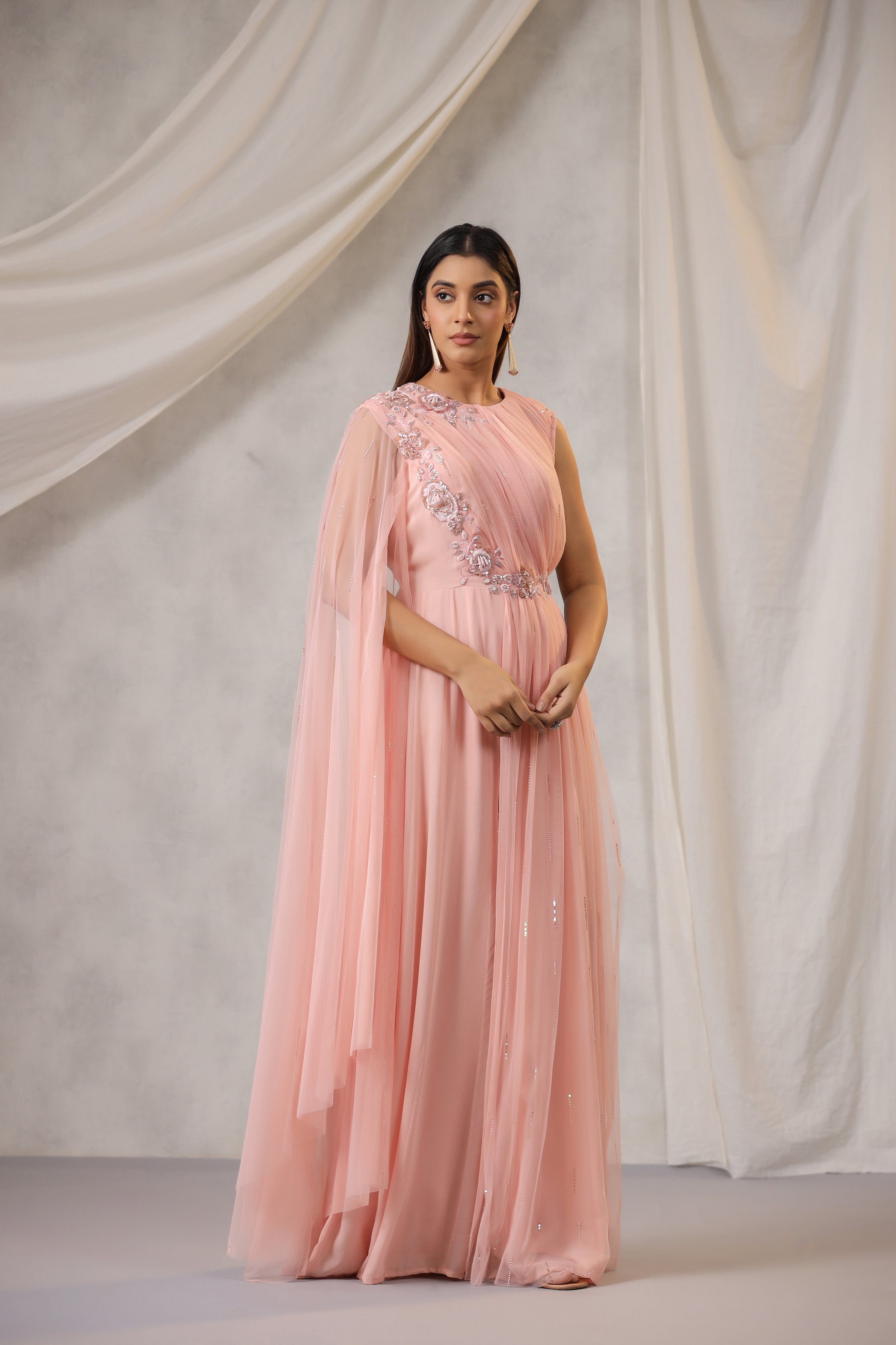 Dusty Peach One Sided Draped Net Jump Suit