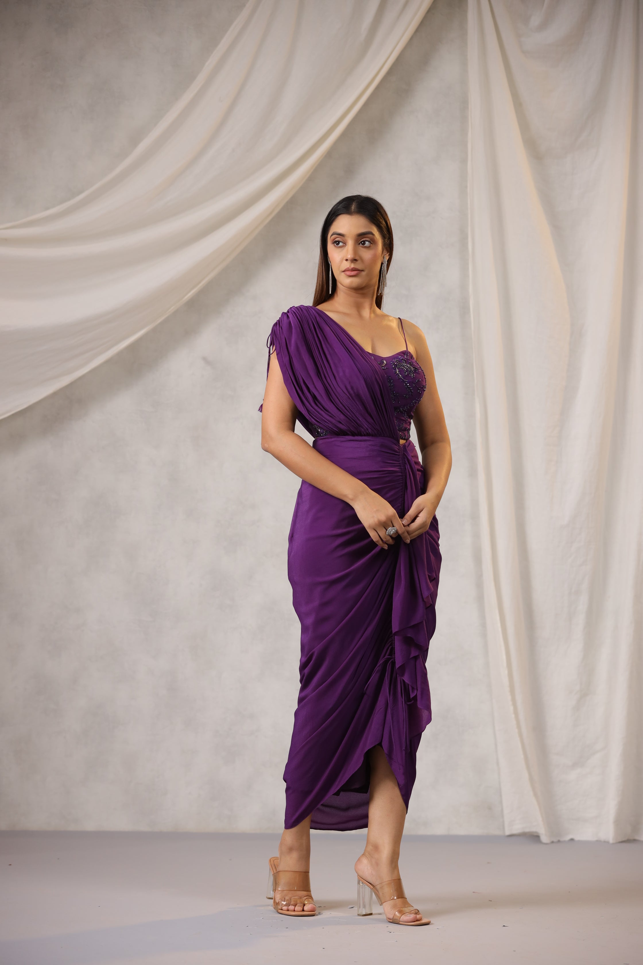 PURPLE DRAPE SAREE WITH EMBROIDERED BLOUSE