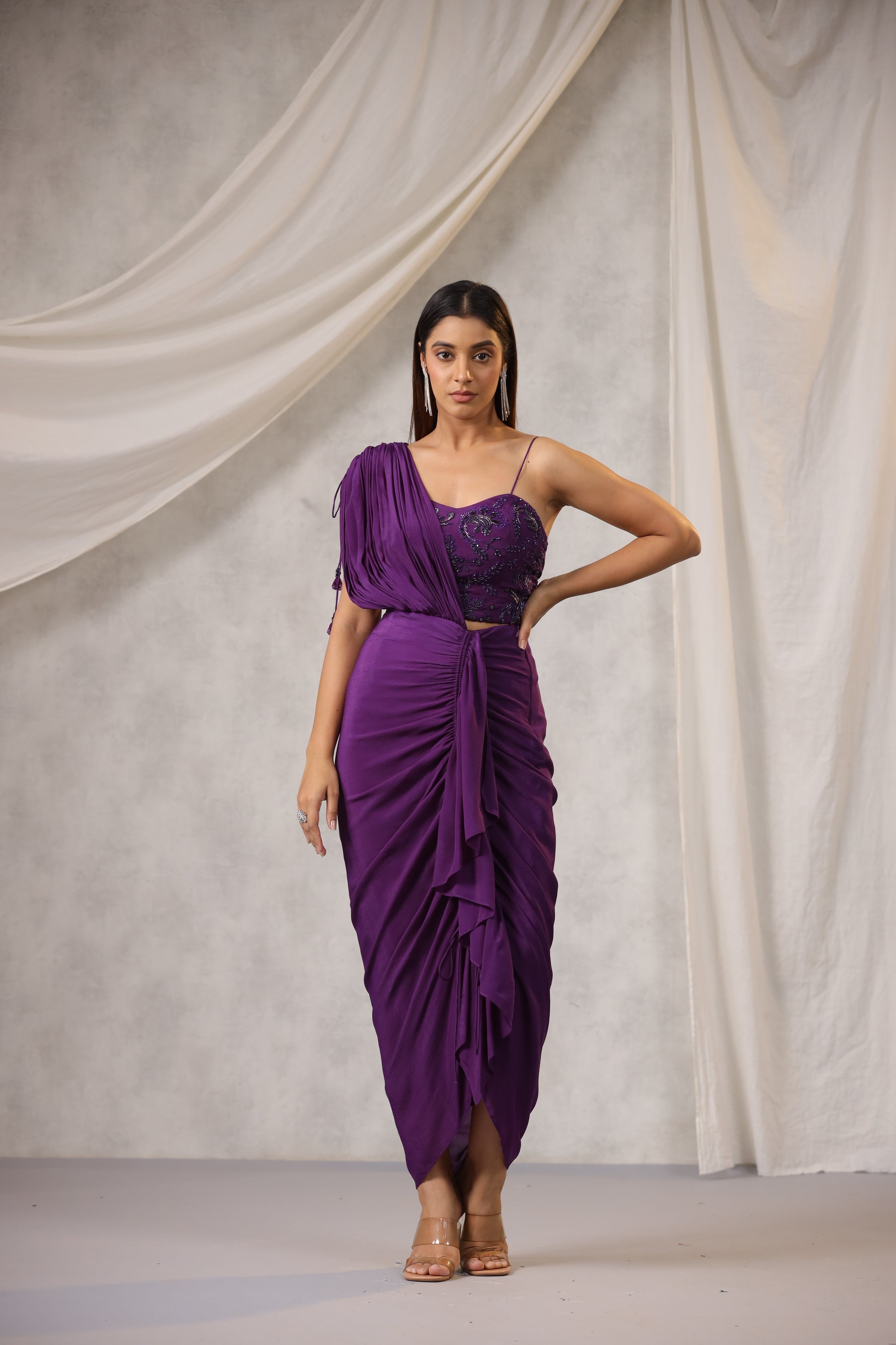 PURPLE DRAPE SAREE WITH EMBROIDERED BLOUSE