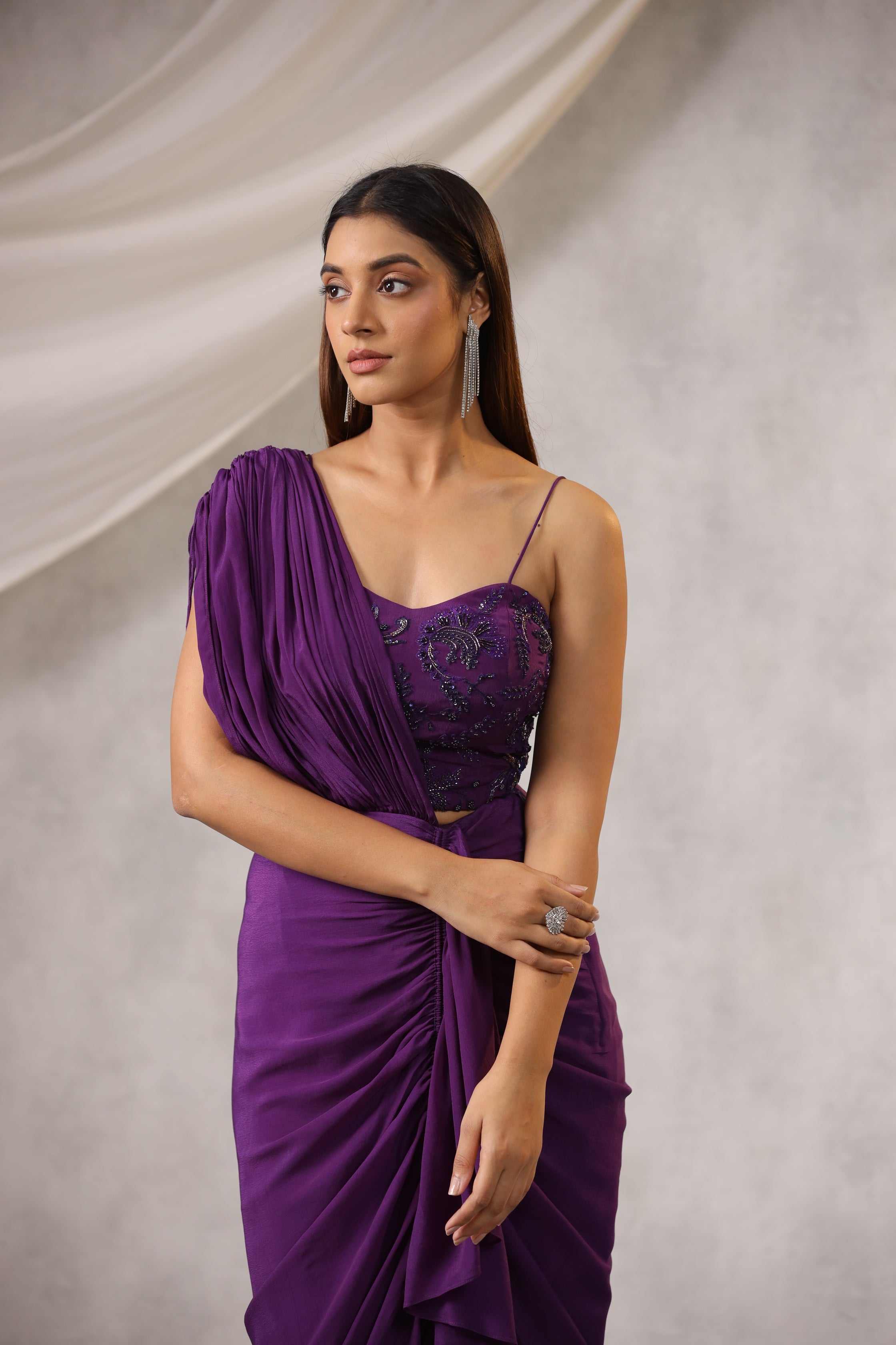 PURPLE DRAPE SAREE WITH EMBROIDERED BLOUSE
