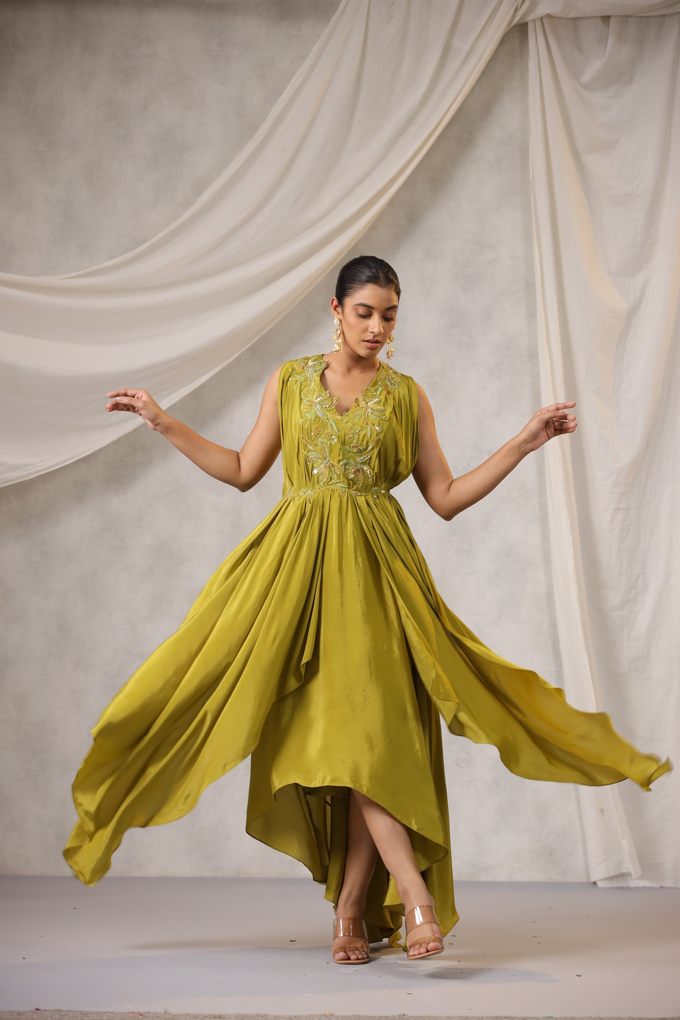 lime green satin dress Rocca silk Dress