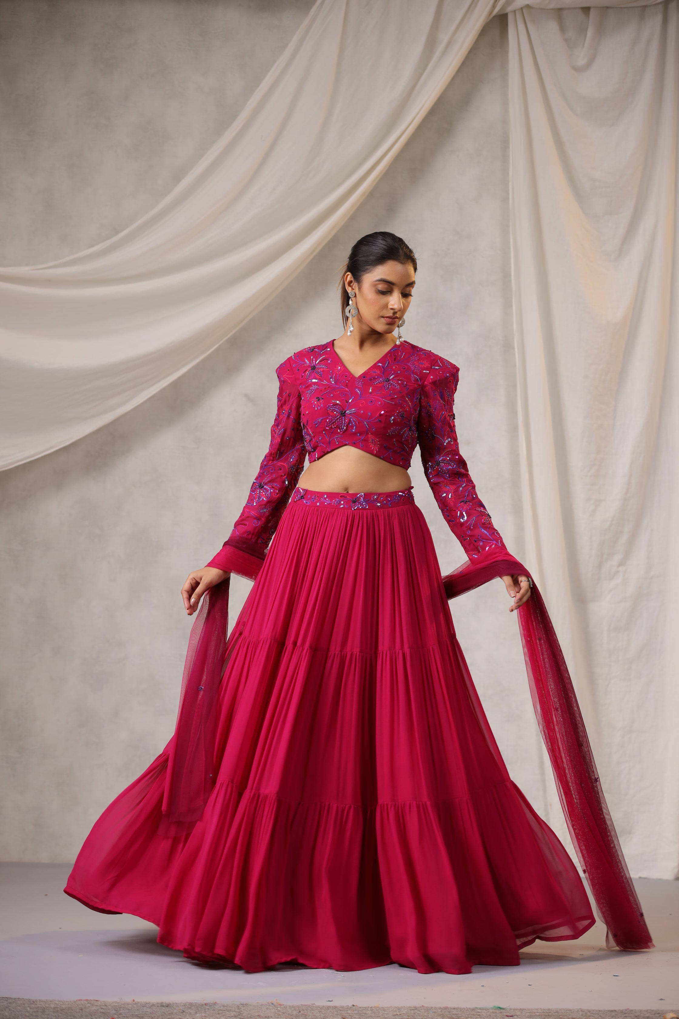 RASPBER5RY PINK FYLL SLEEVE EMBROIDERED LEHENGA SET
