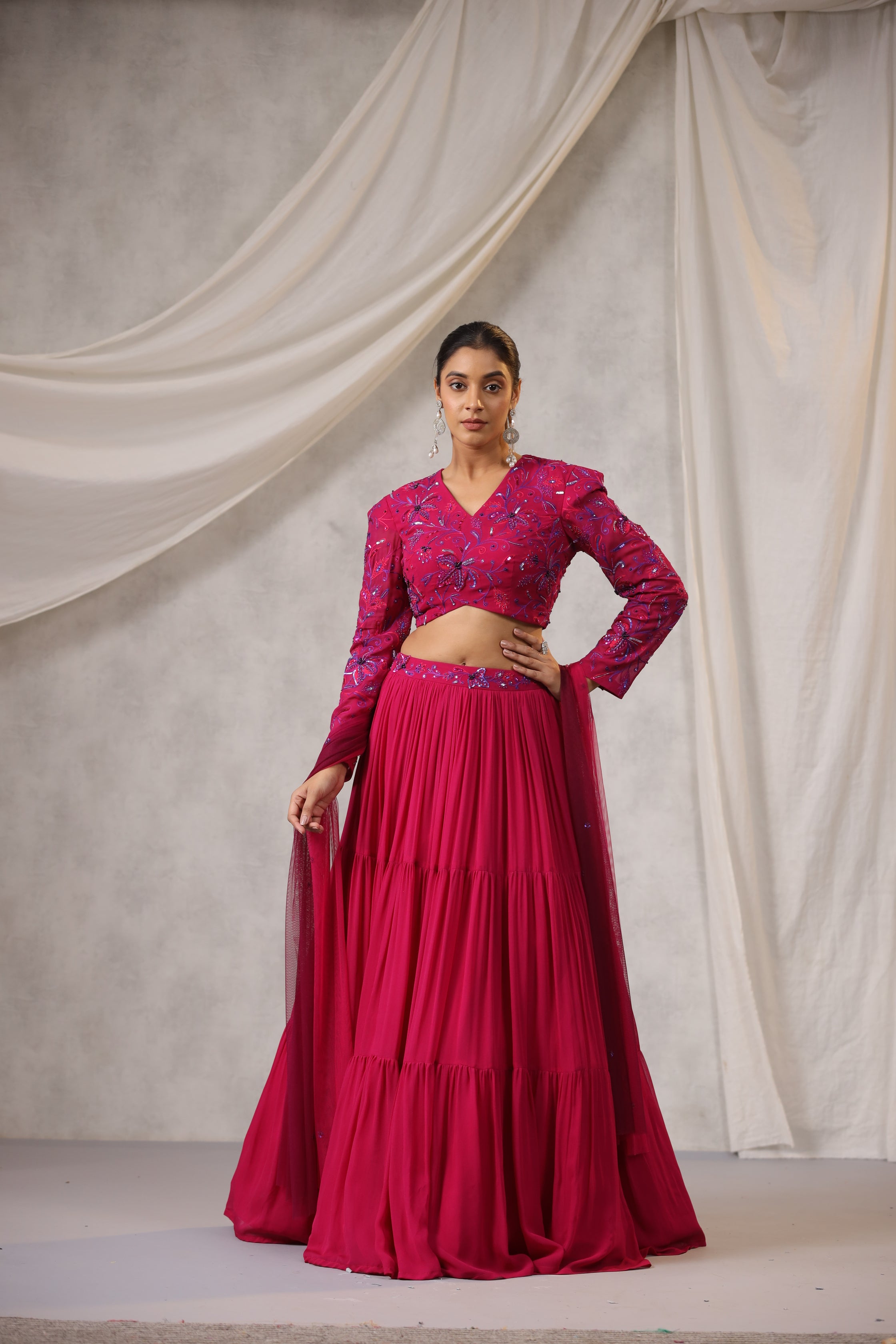 RASPBER5RY PINK FYLL SLEEVE EMBROIDERED LEHENGA SET