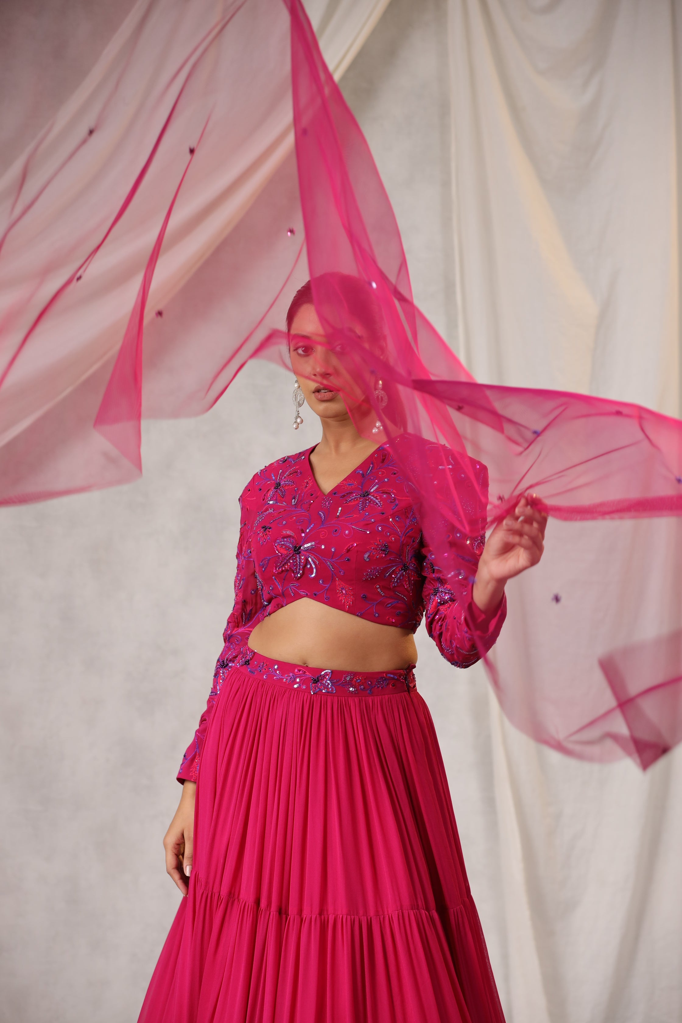 RASPBER5RY PINK FYLL SLEEVE EMBROIDERED LEHENGA SET