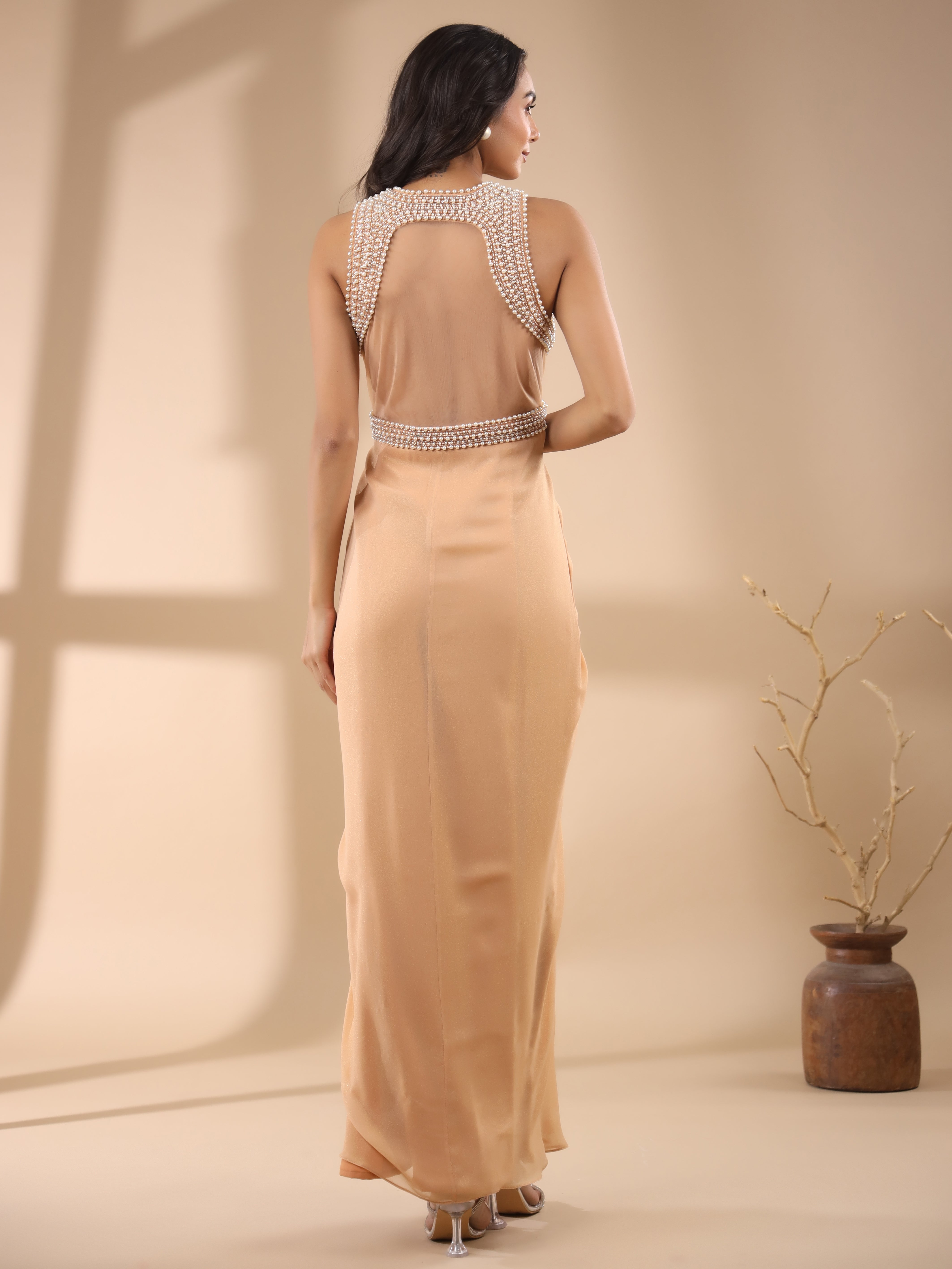 PEACH DRAPED PEARL EMBROIDERED BACKLESS GOWN