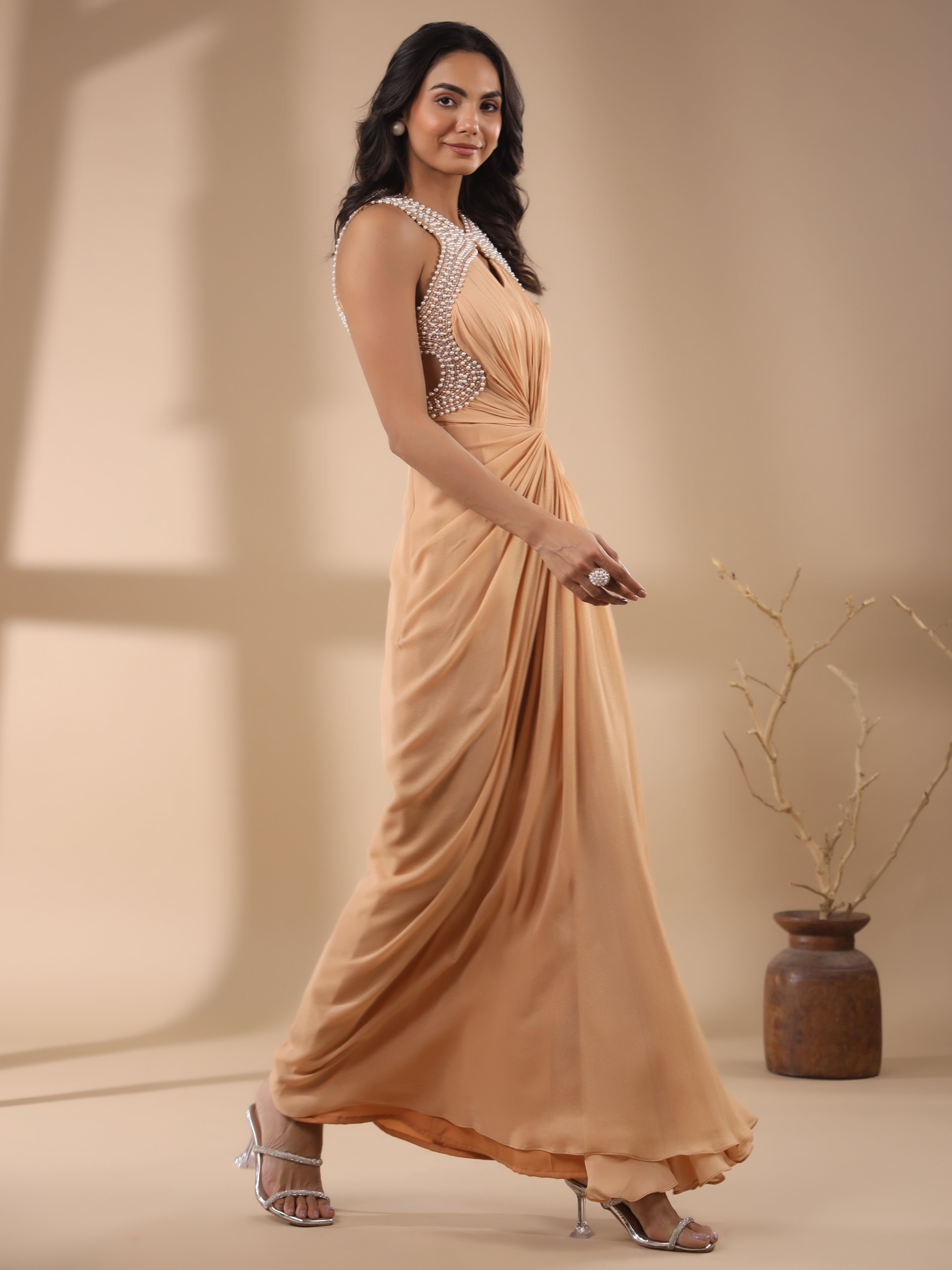 PEACH DRAPED PEARL EMBROIDERED BACKLESS GOWN