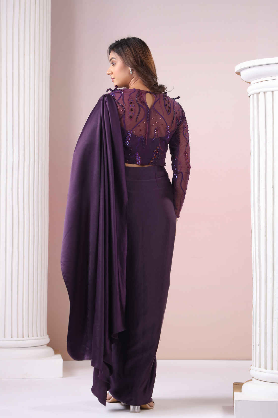 WINE 3D APPLIQUÉ  BLOUSE DRAPED SAREE