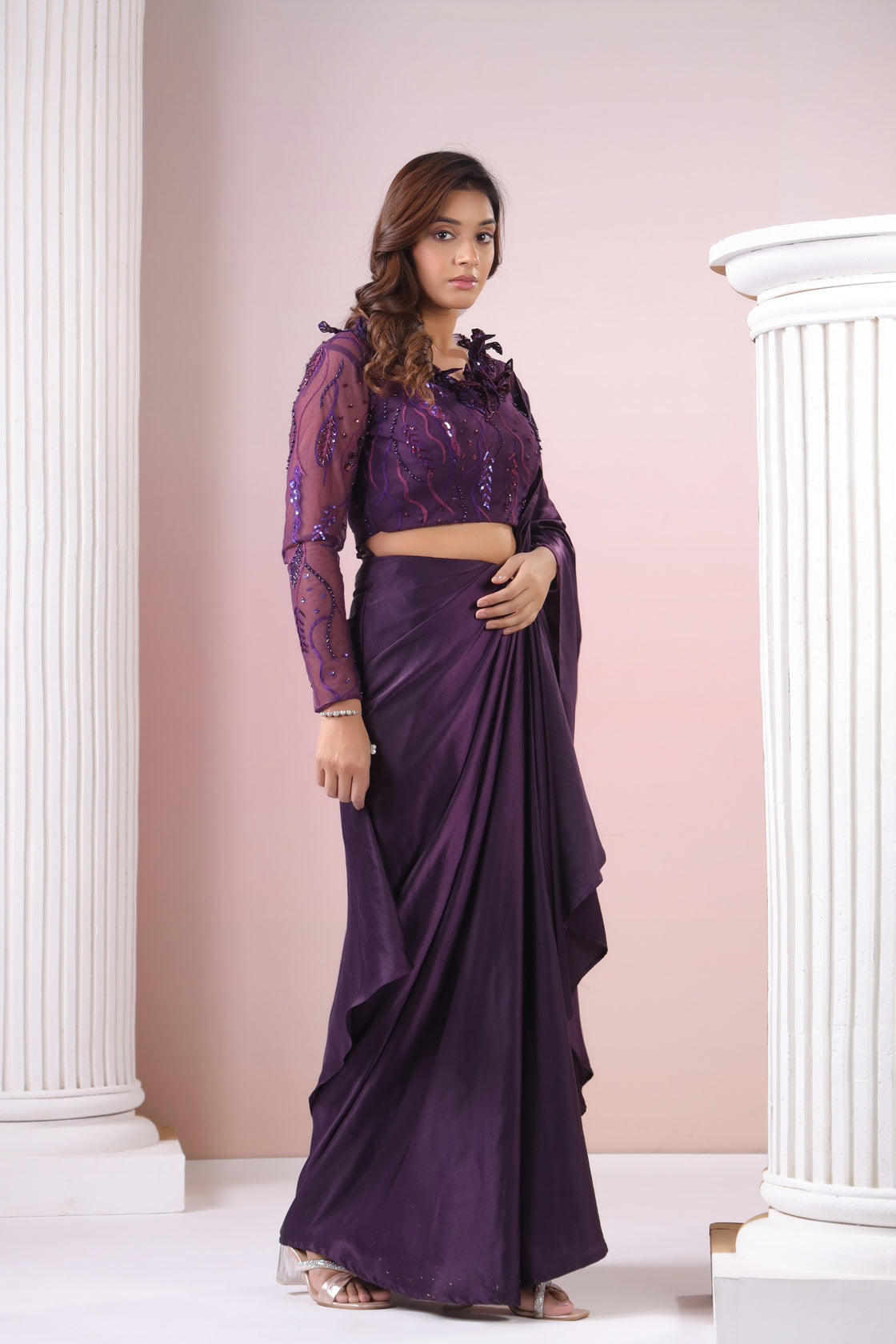 WINE 3D APPLIQUÉ  BLOUSE DRAPED SAREE