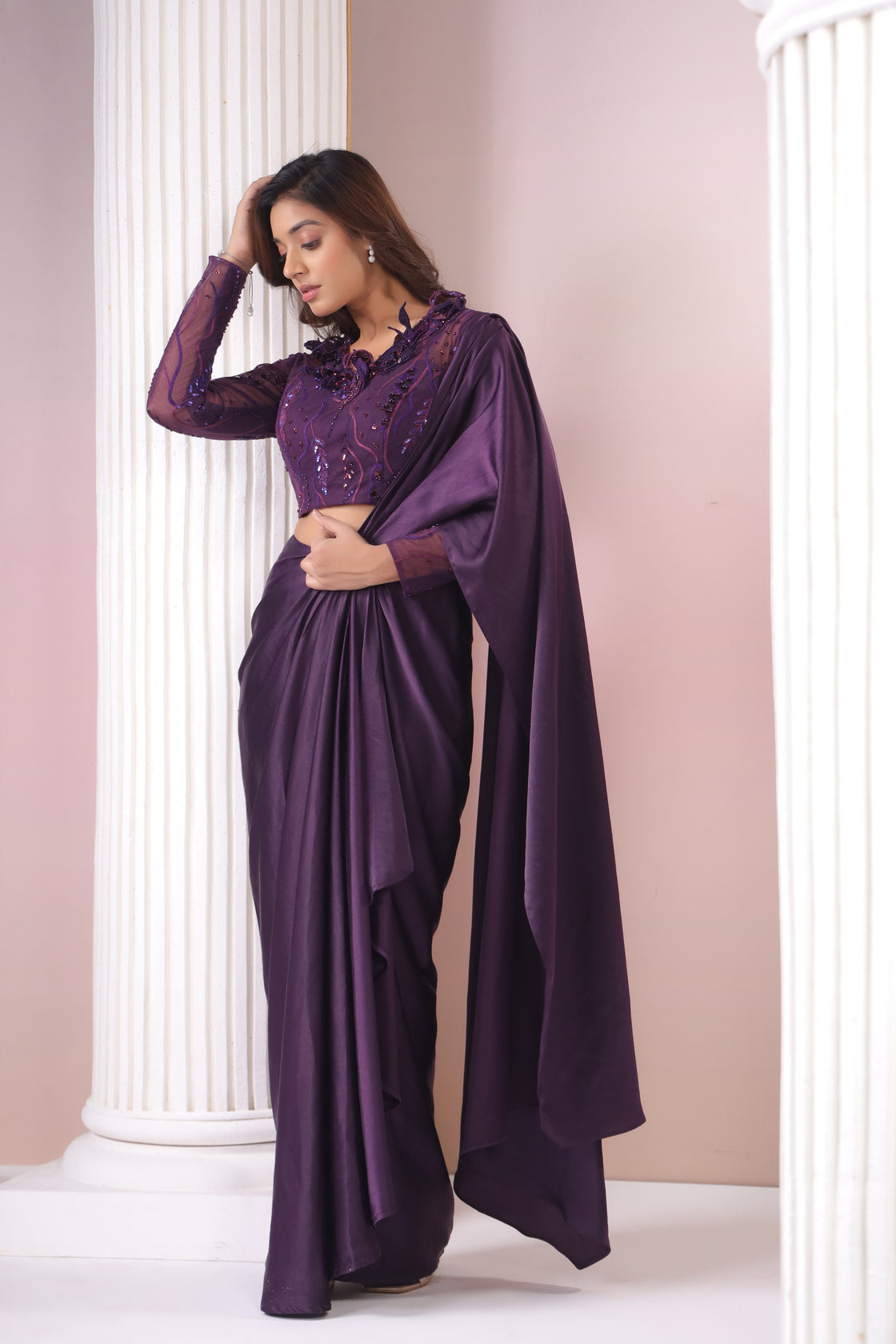 WINE 3D APPLIQUÉ  BLOUSE DRAPED SAREE