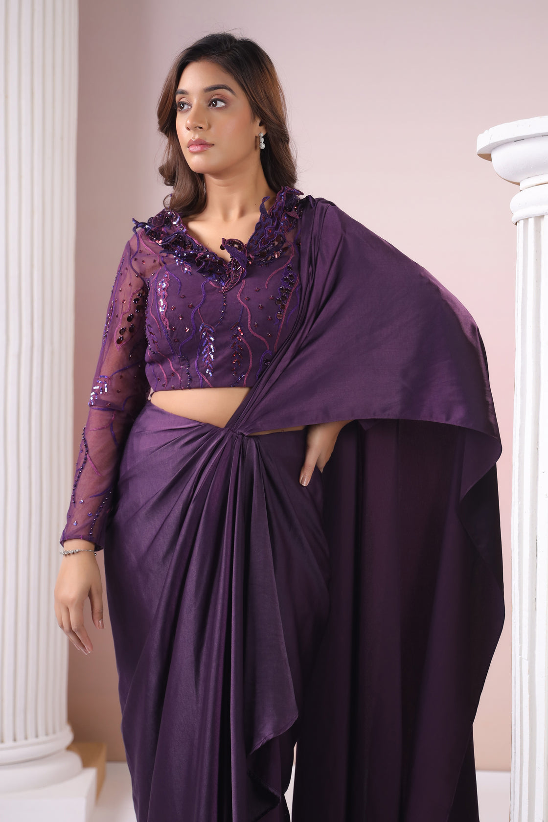 WINE 3D APPLIQUÉ  BLOUSE DRAPED SAREE