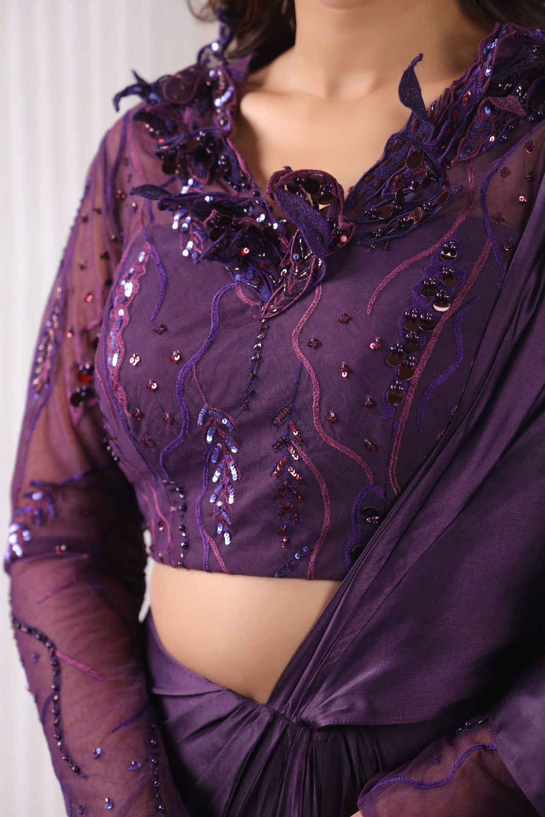 WINE 3D APPLIQUÉ  BLOUSE DRAPED SAREE