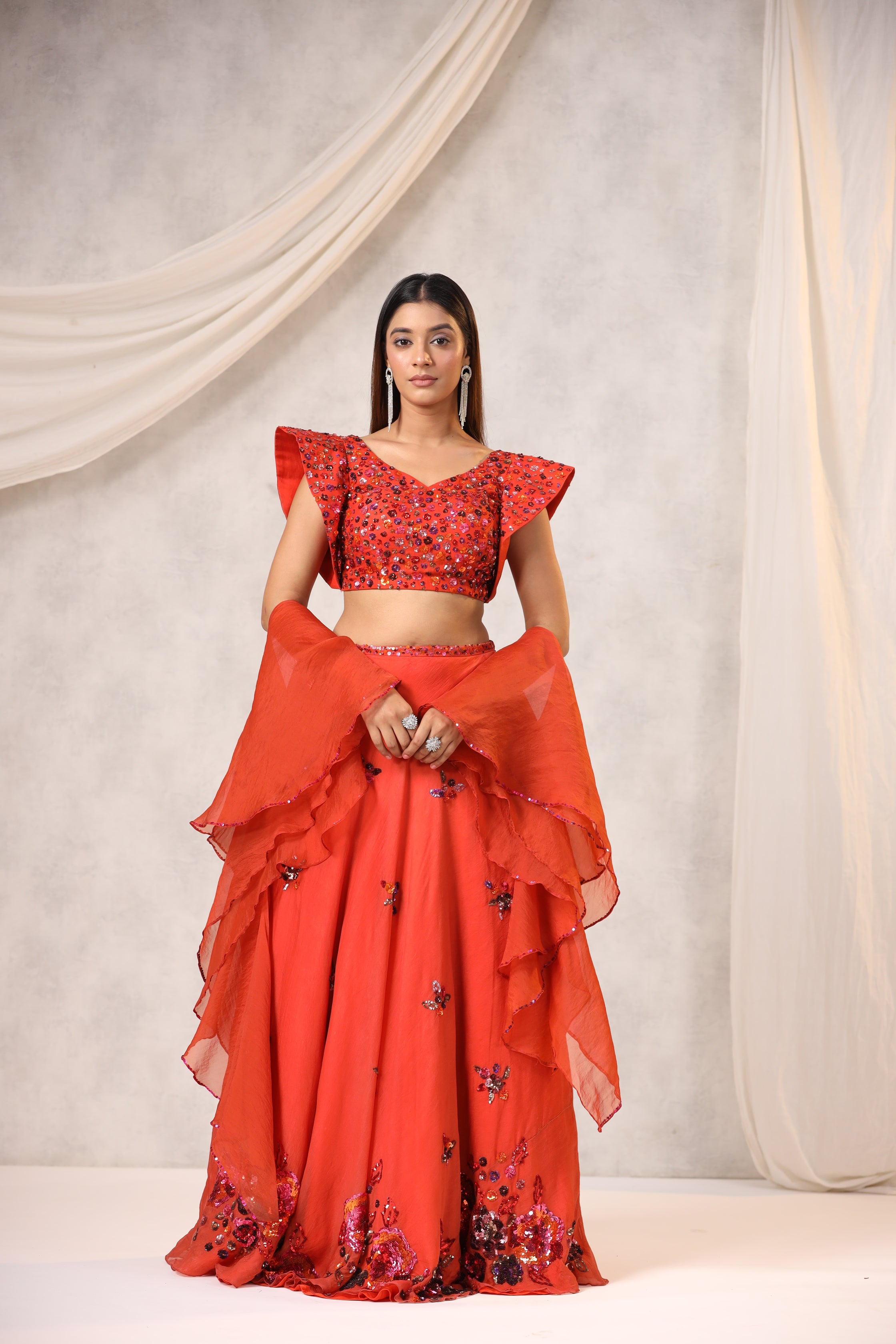 FLORAL EMBROIDERED ORGANZA LEHENGA SET WITH DUPATTA