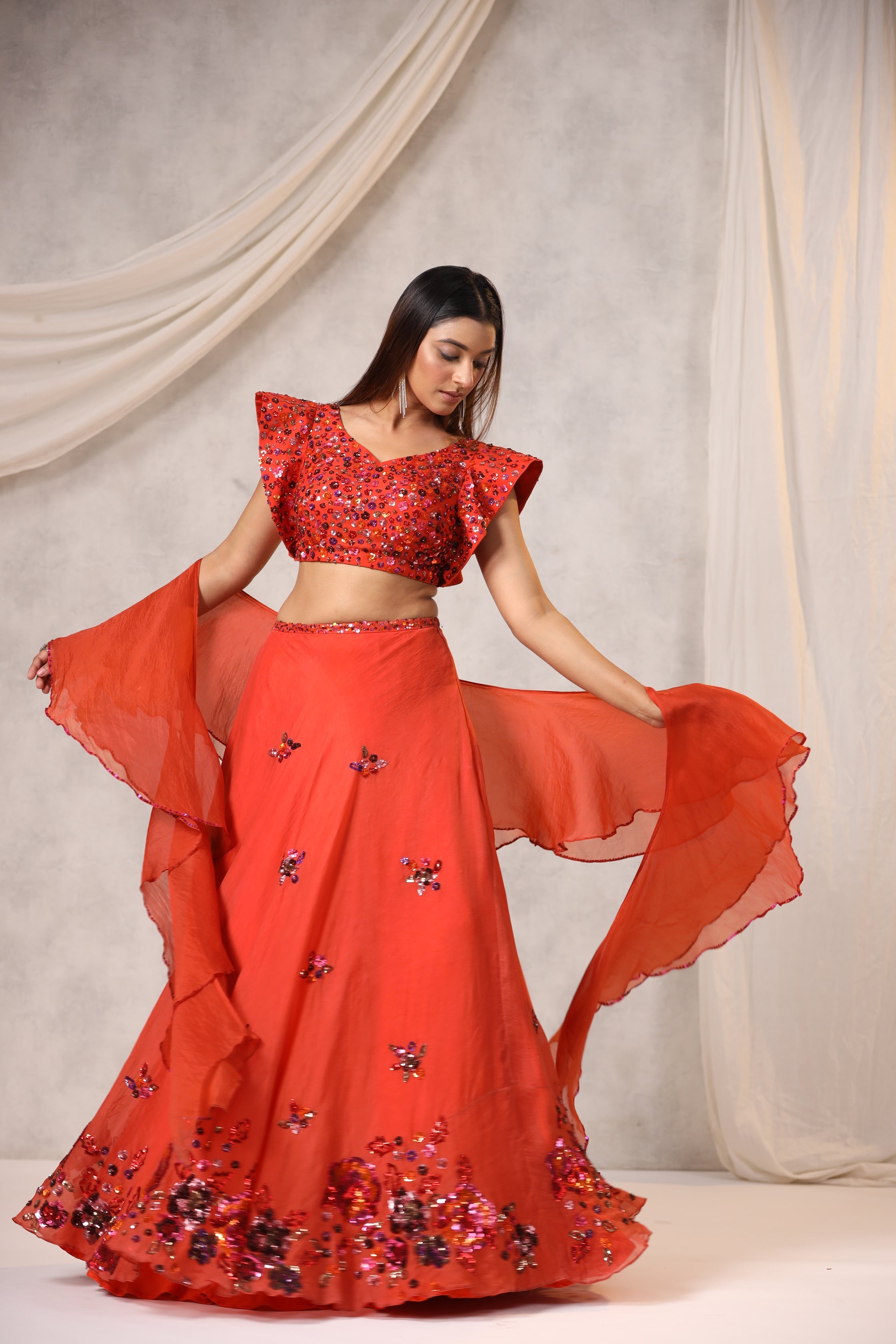 FLORAL EMBROIDERED ORGANZA LEHENGA SET WITH DUPATTA