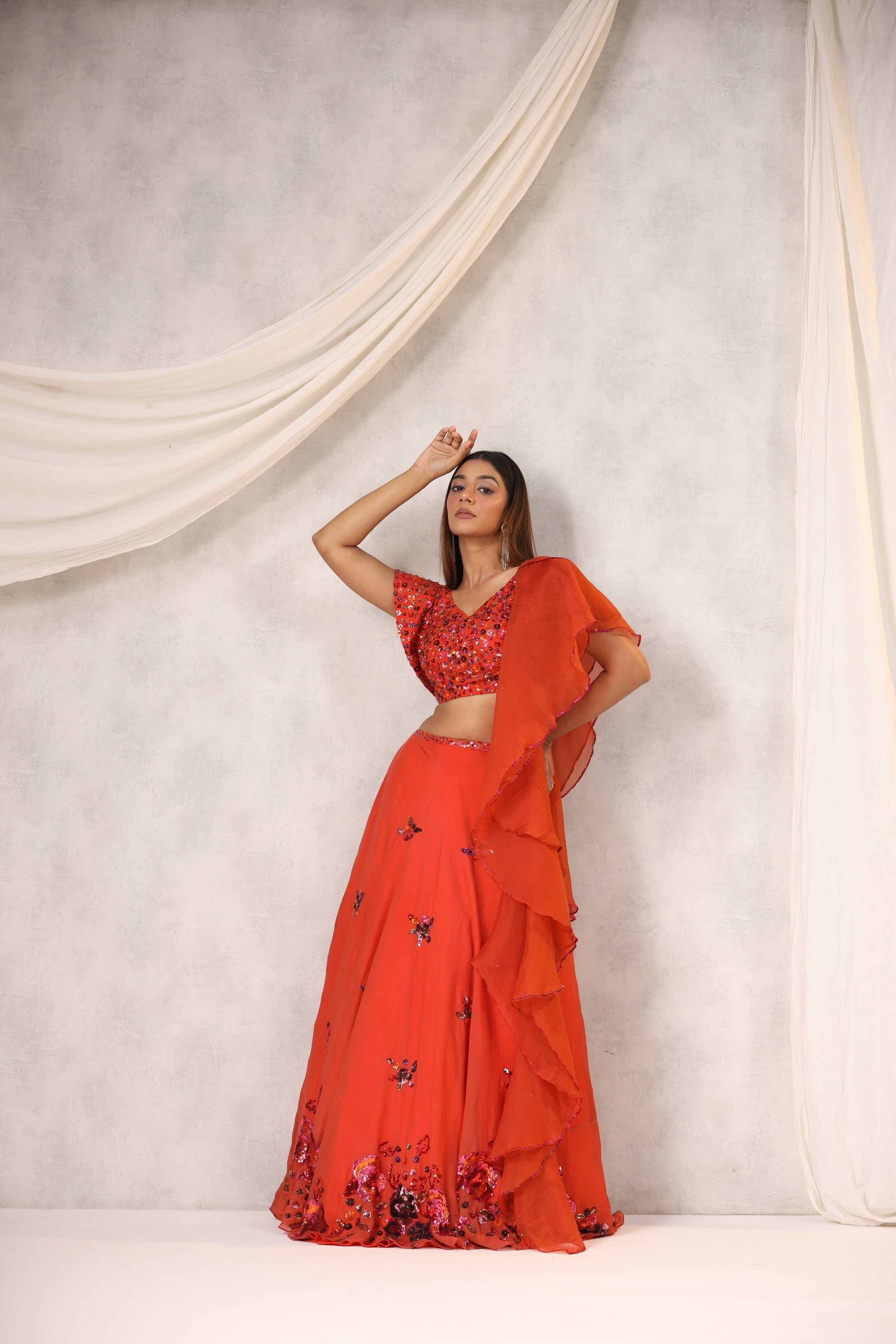 FLORAL EMBROIDERED ORGANZA LEHENGA SET WITH DUPATTA