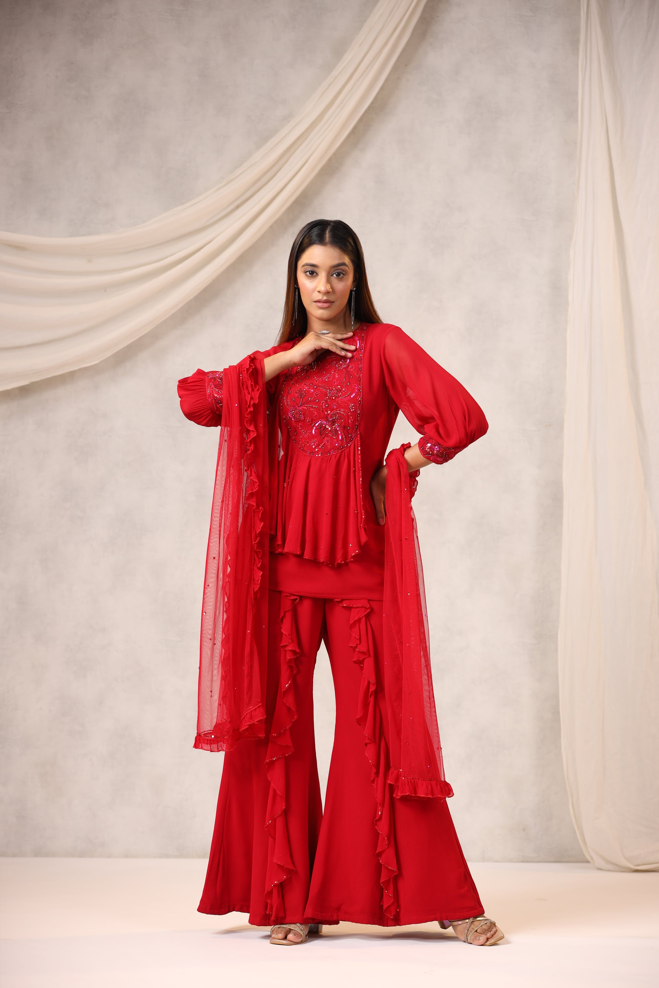 Floral Embroidered Tunic Sharara Set