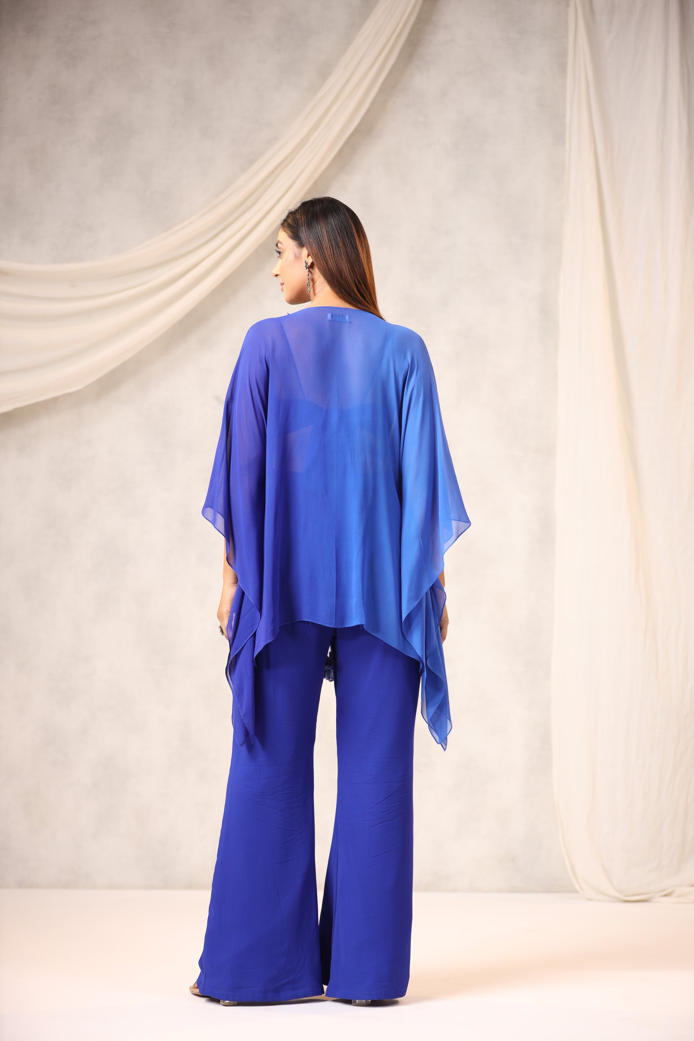 Blue Georgette Sequins Embroidered Jacket Set