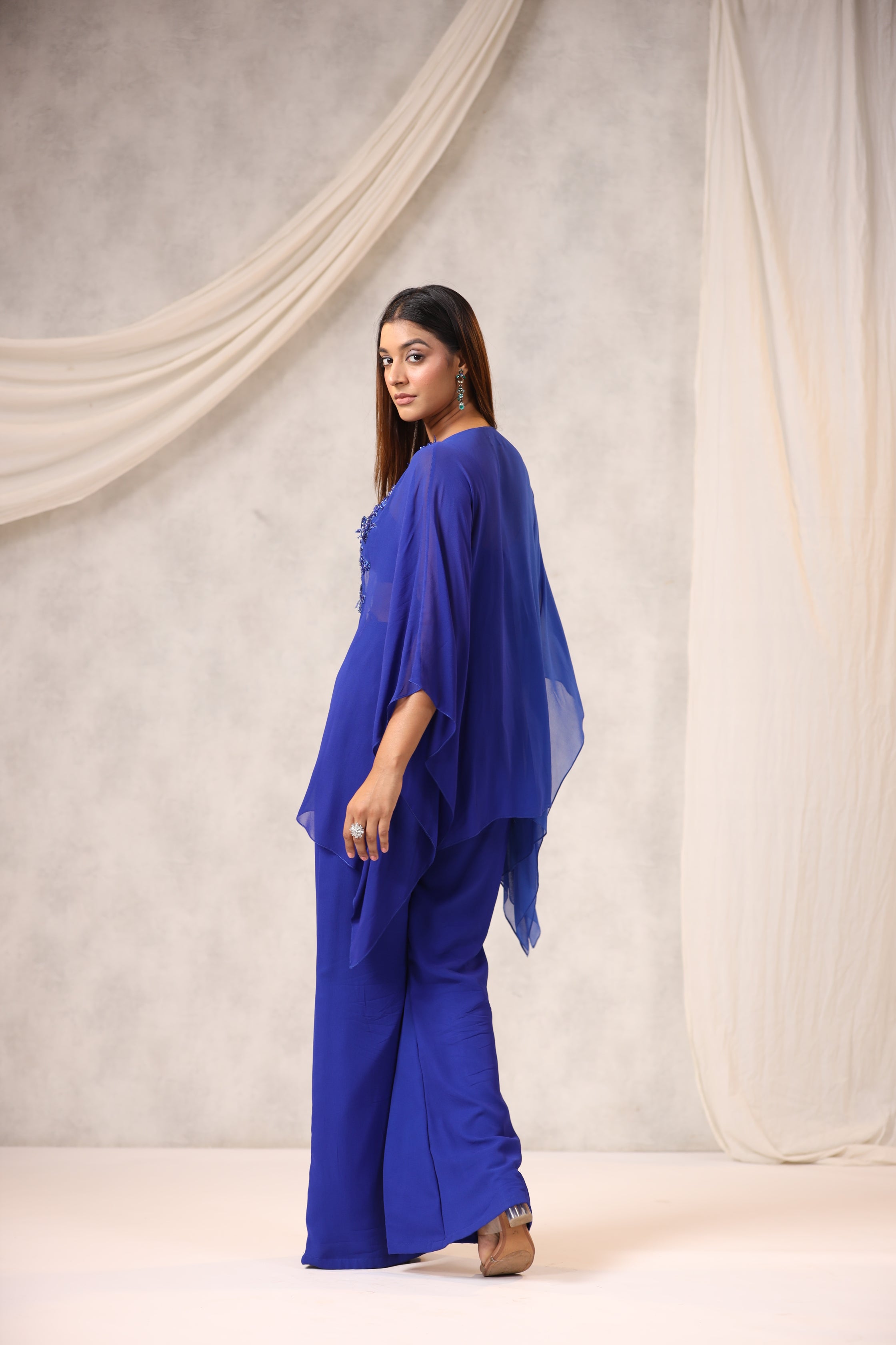 Blue Georgette Sequins Embroidered Jacket Set