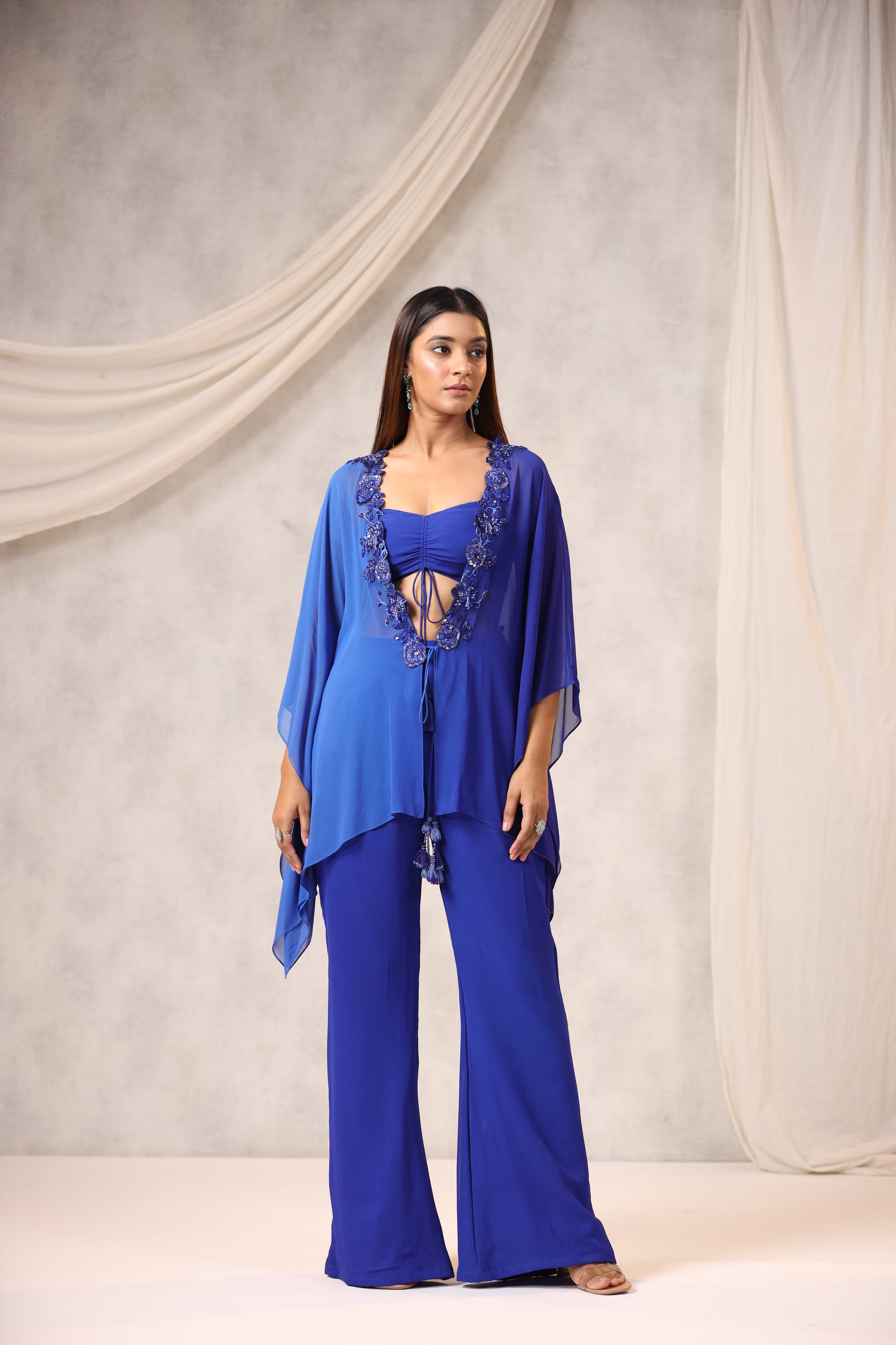 Blue Georgette Sequins Embroidered Jacket Set