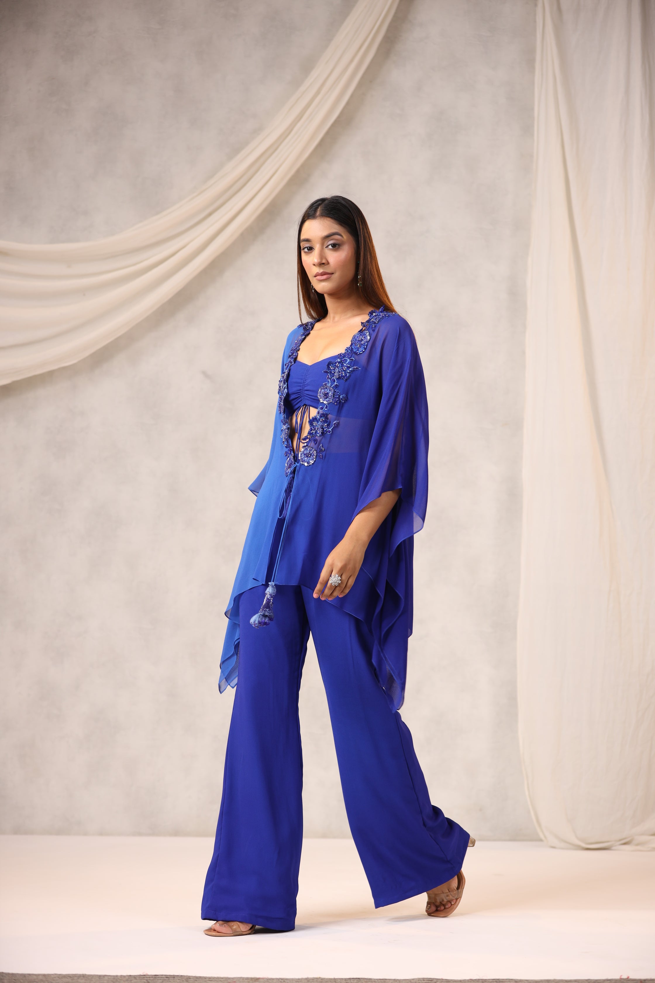 Blue Georgette Sequins Embroidered Jacket Set