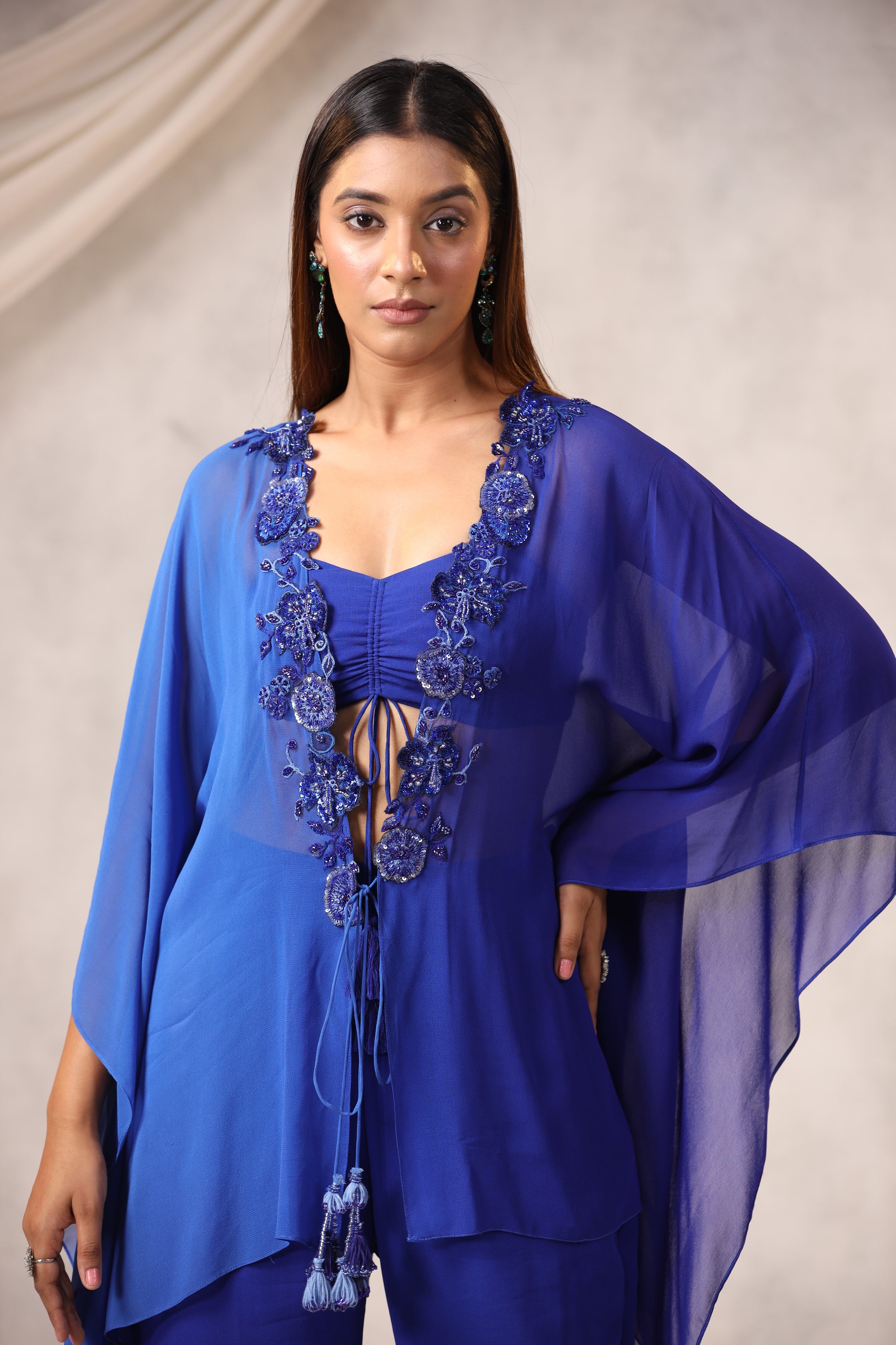 Blue Georgette Sequins Embroidered Jacket Set
