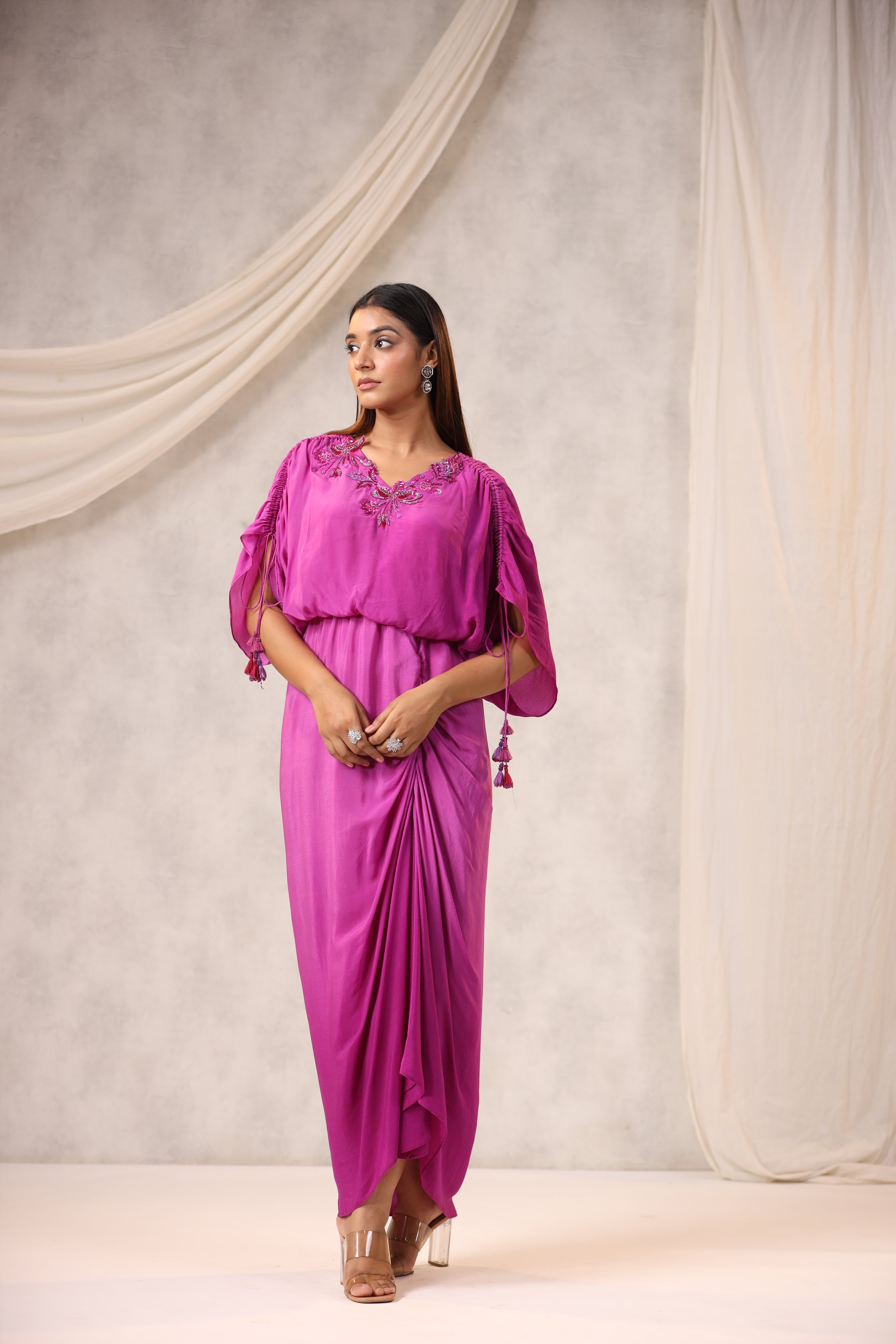 FLORAL EMBROIDERED CREPE MAXI DRESS