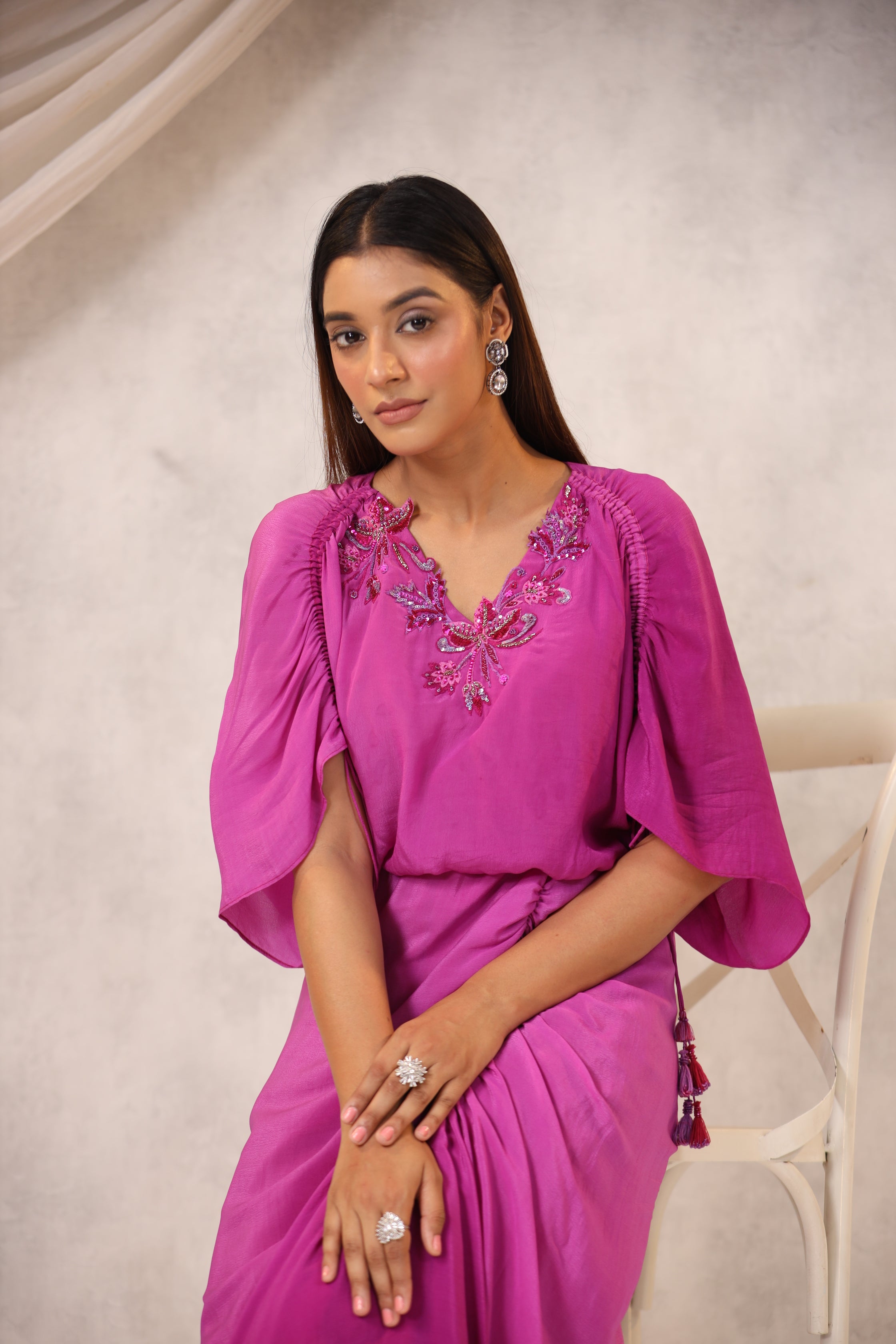 FLORAL EMBROIDERED CREPE MAXI DRESS