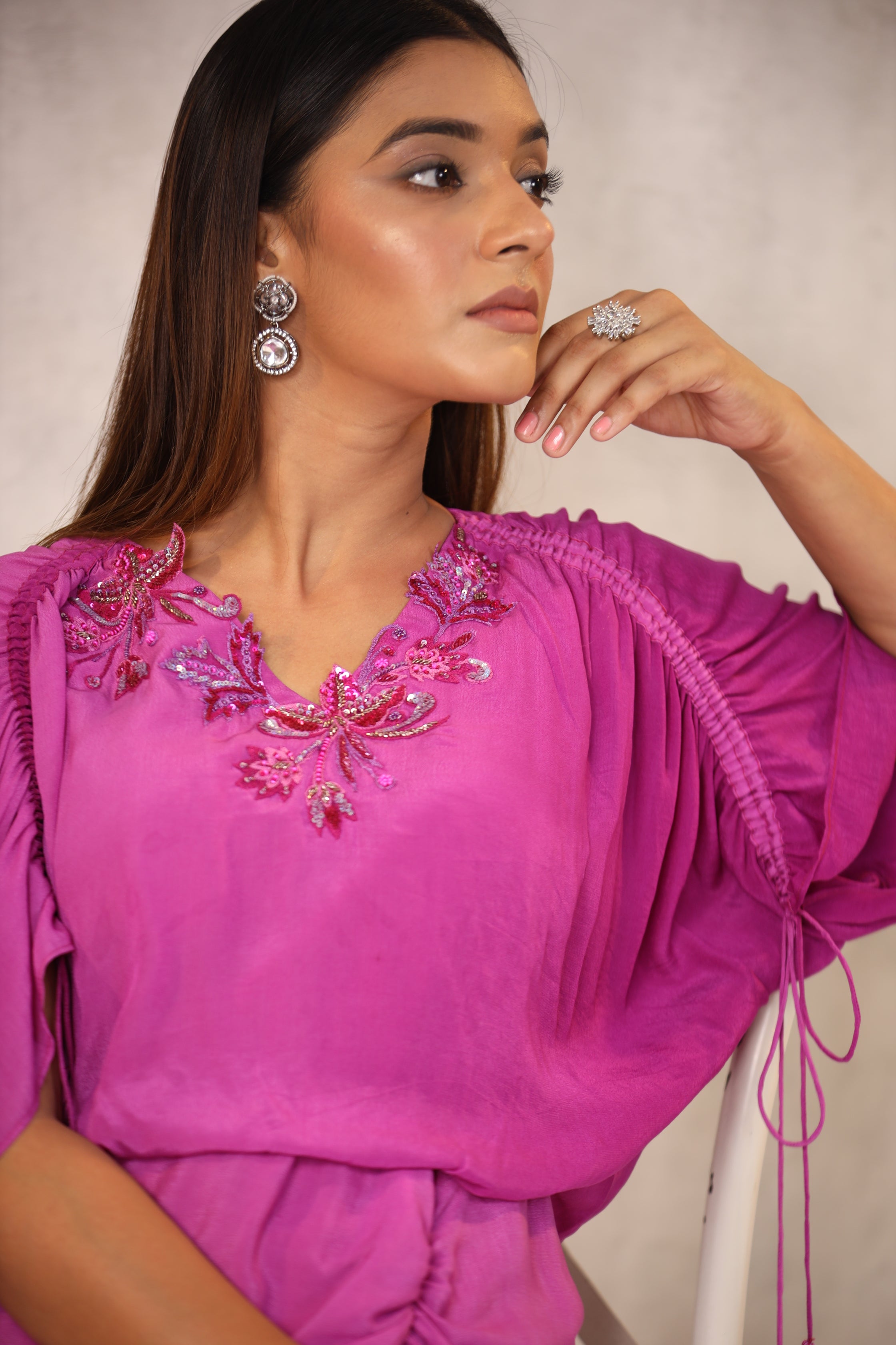 FLORAL EMBROIDERED CREPE MAXI DRESS