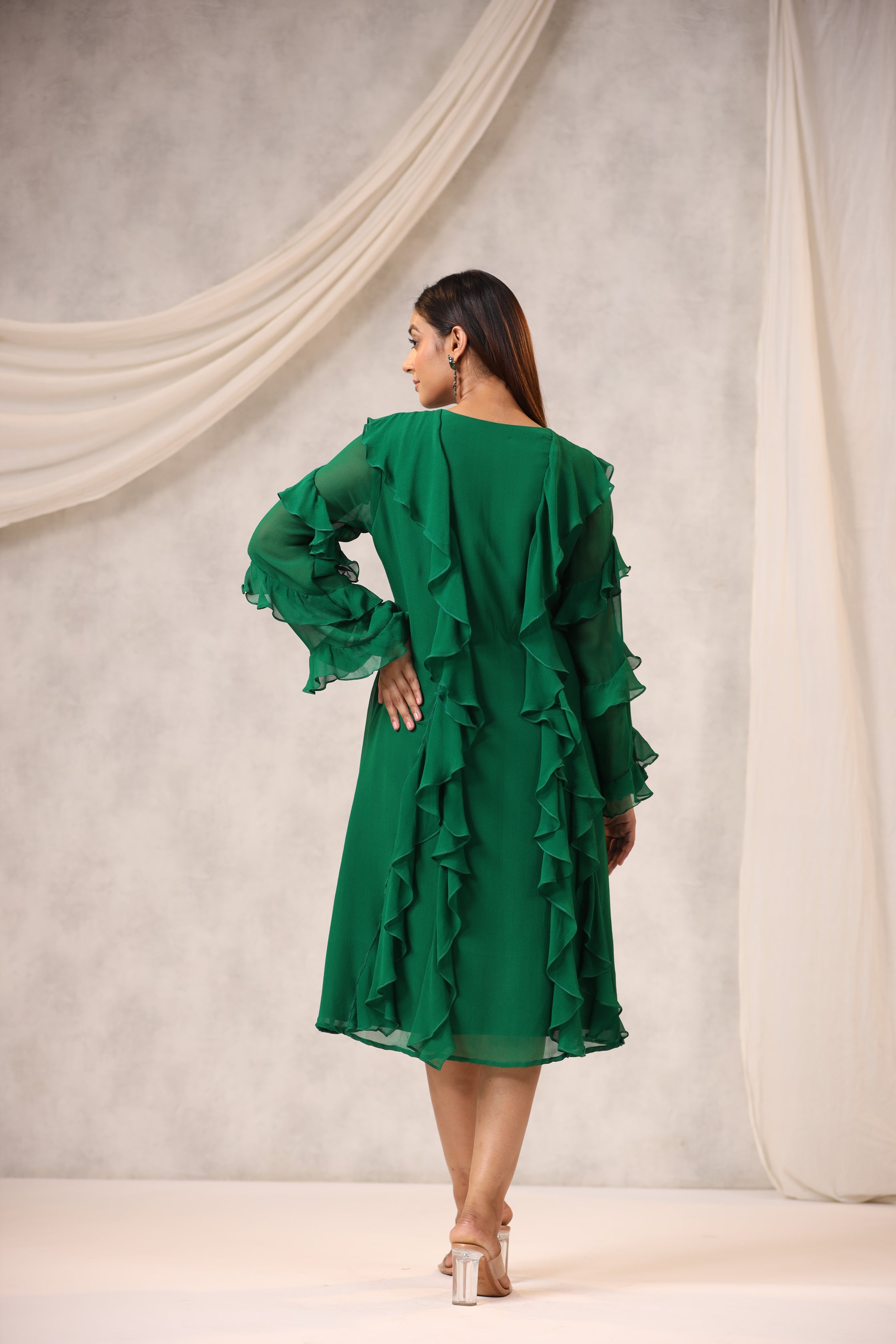 Emerald Green Georgette Frilled Dress