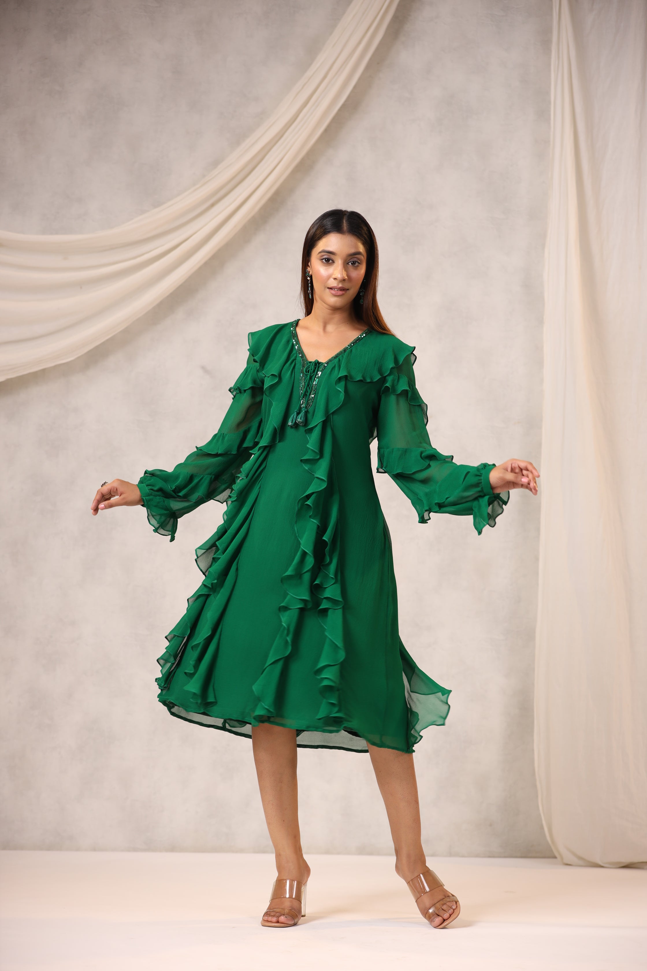 Emerald Green Georgette Frilled Dress