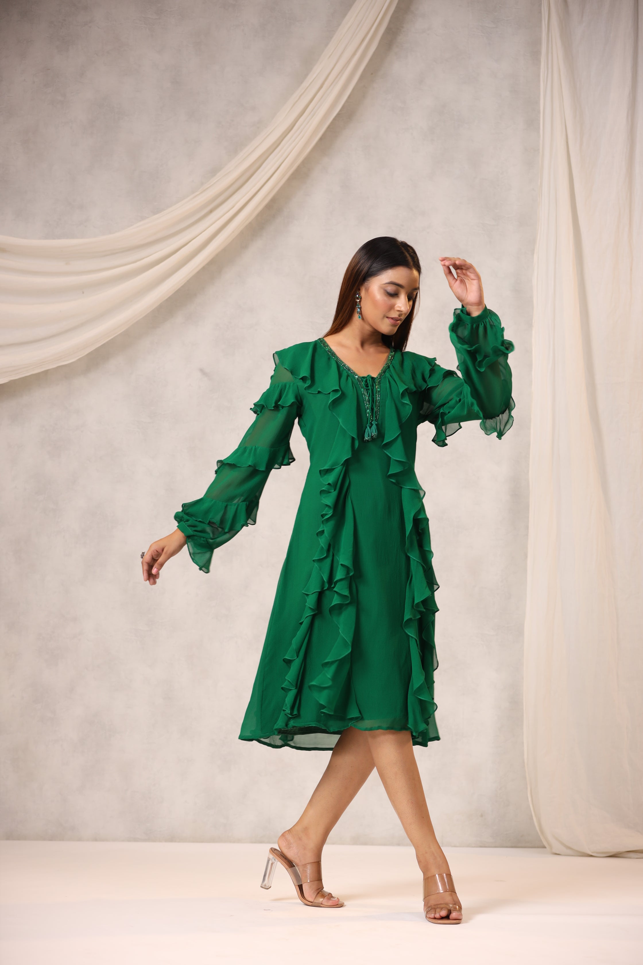 Emerald Green Georgette Frilled Dress