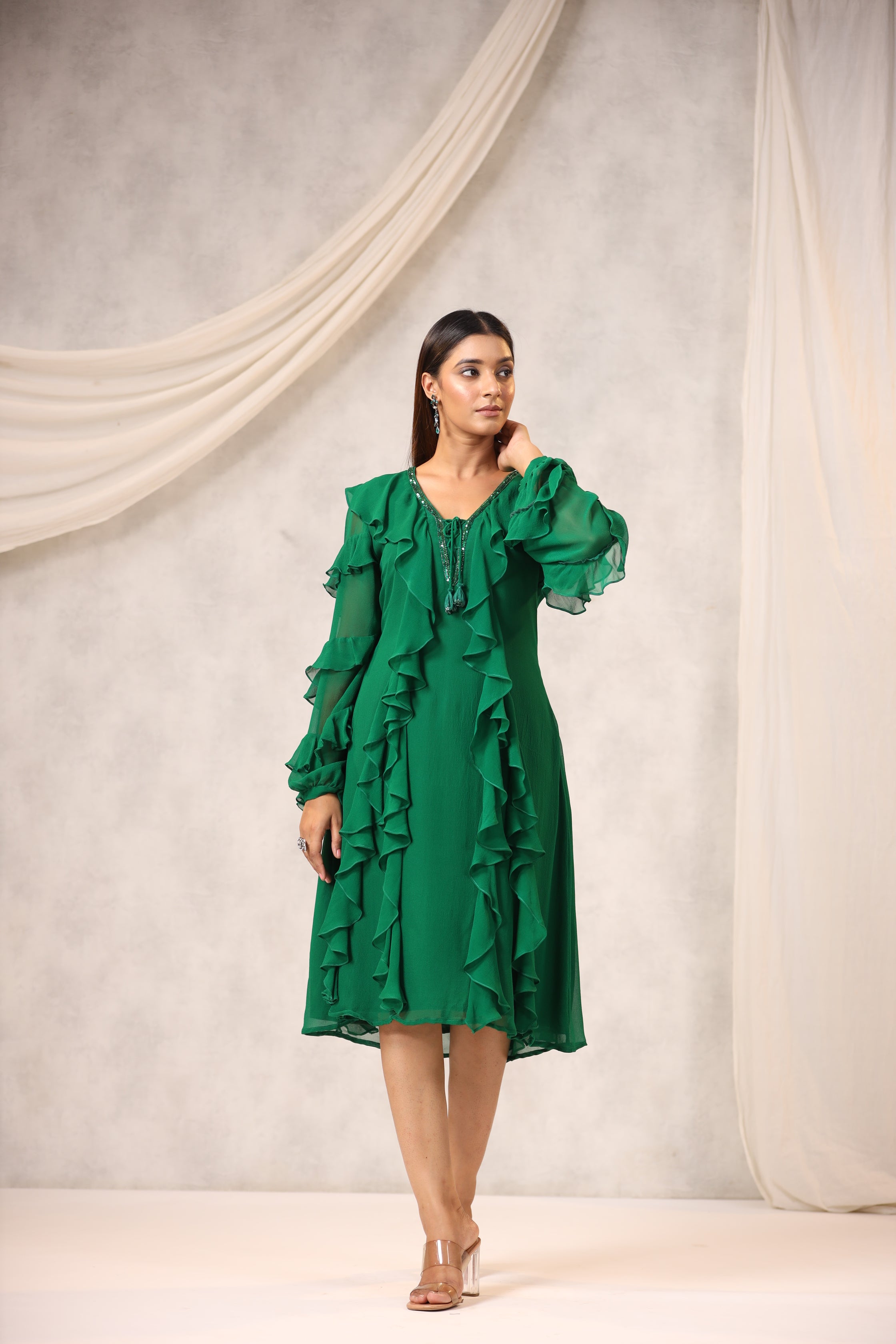 Emerald Green Georgette Frilled Dress
