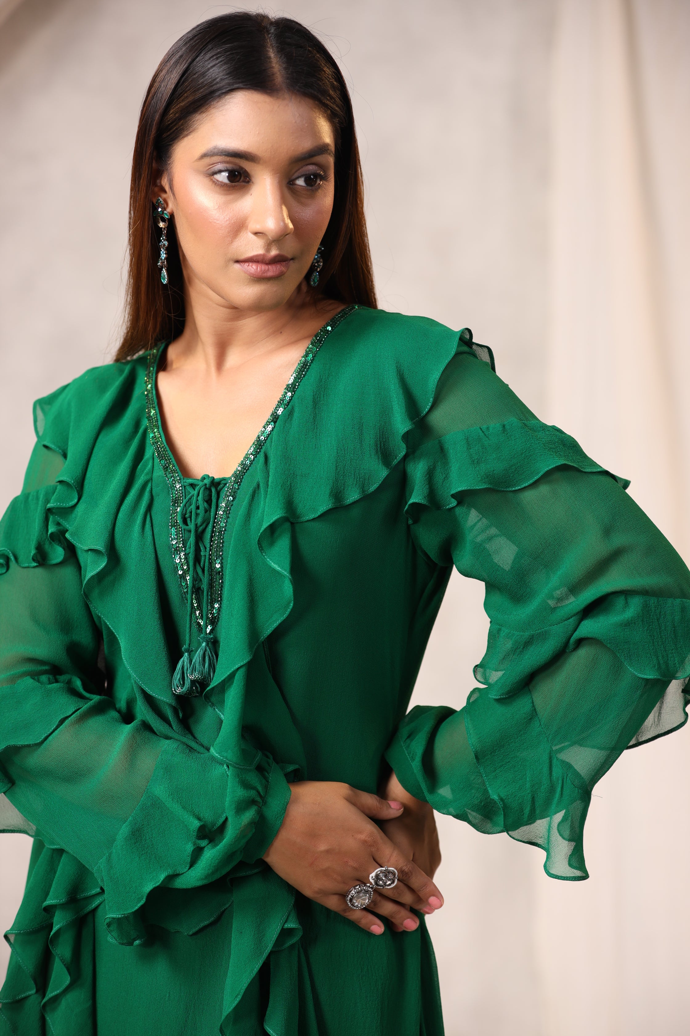 Emerald Green Georgette Frilled Dress