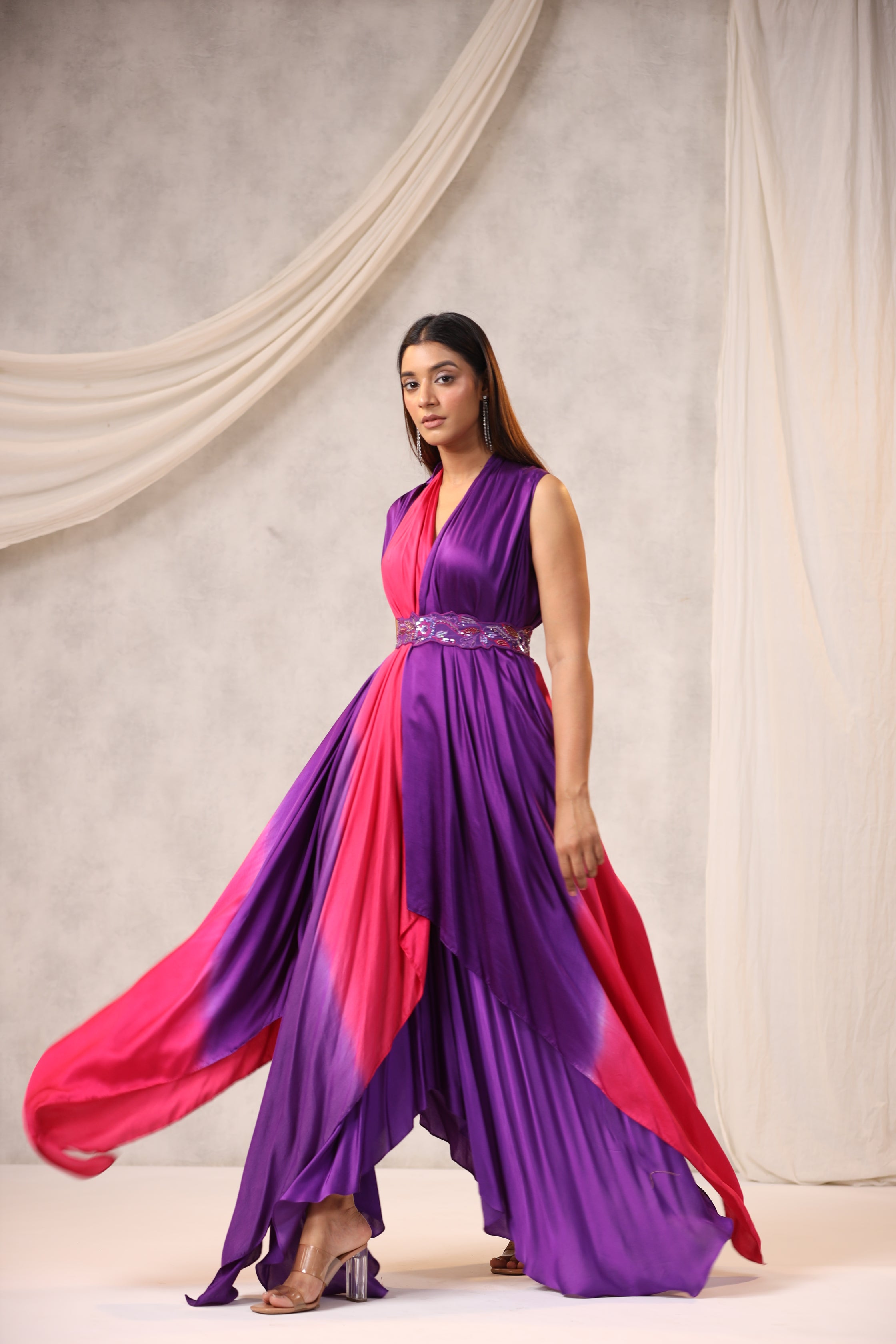 PURPLE PINK OMBRE ASYMMETRIC DRESS WITH OMBRE CAPE AND BELT