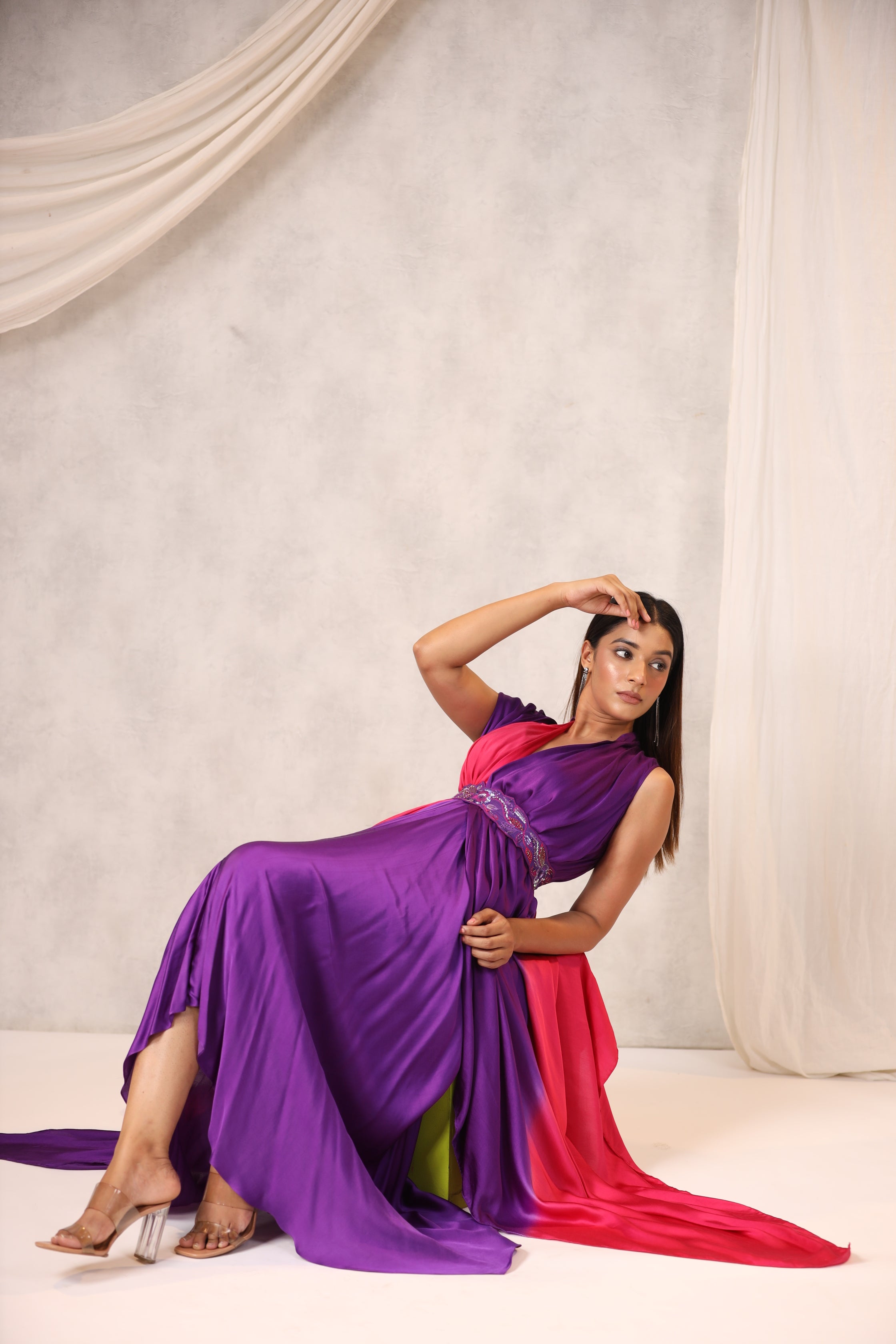 PURPLE PINK OMBRE ASYMMETRIC DRESS WITH OMBRE CAPE AND BELT