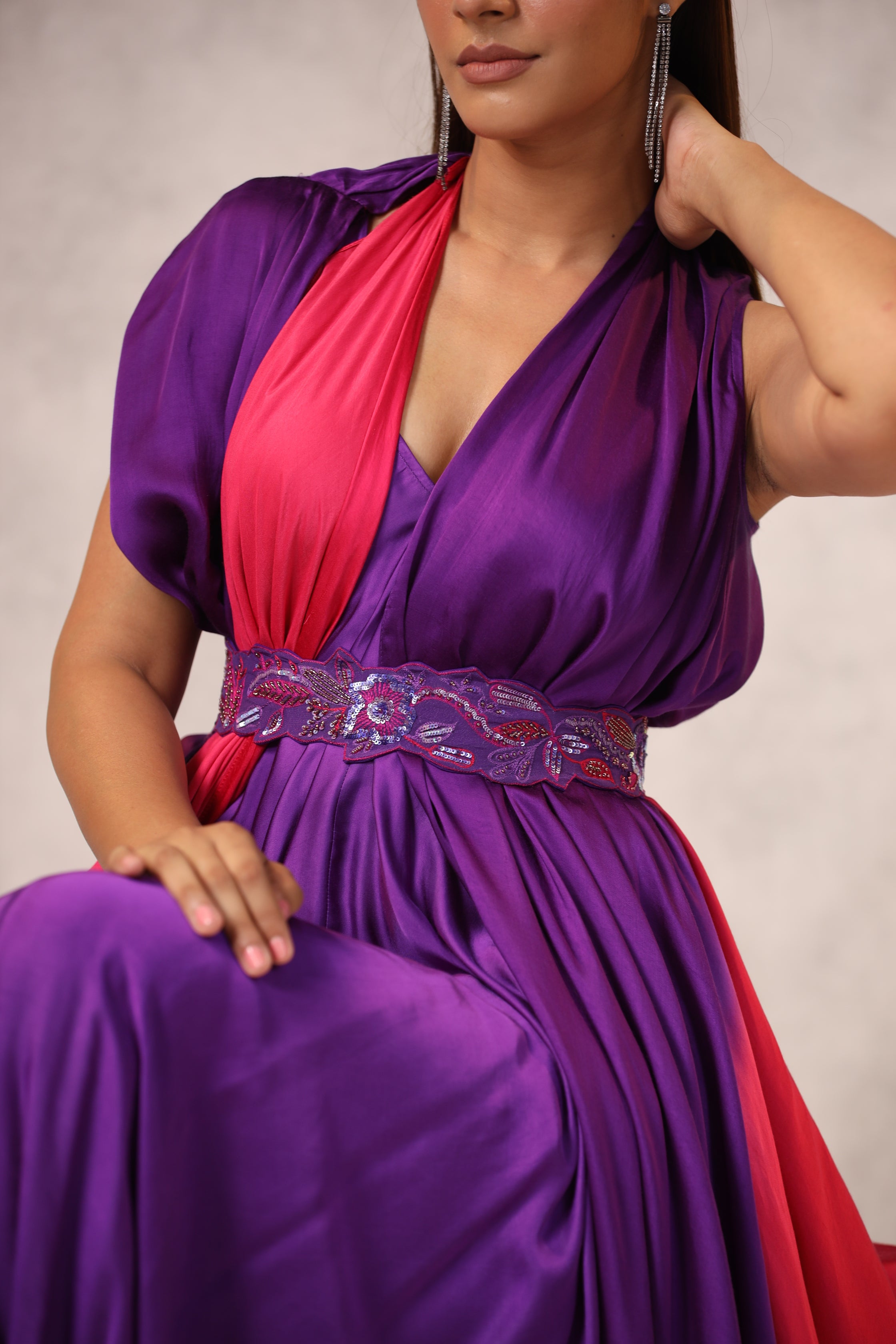 PURPLE PINK OMBRE ASYMMETRIC DRESS WITH OMBRE CAPE AND BELT