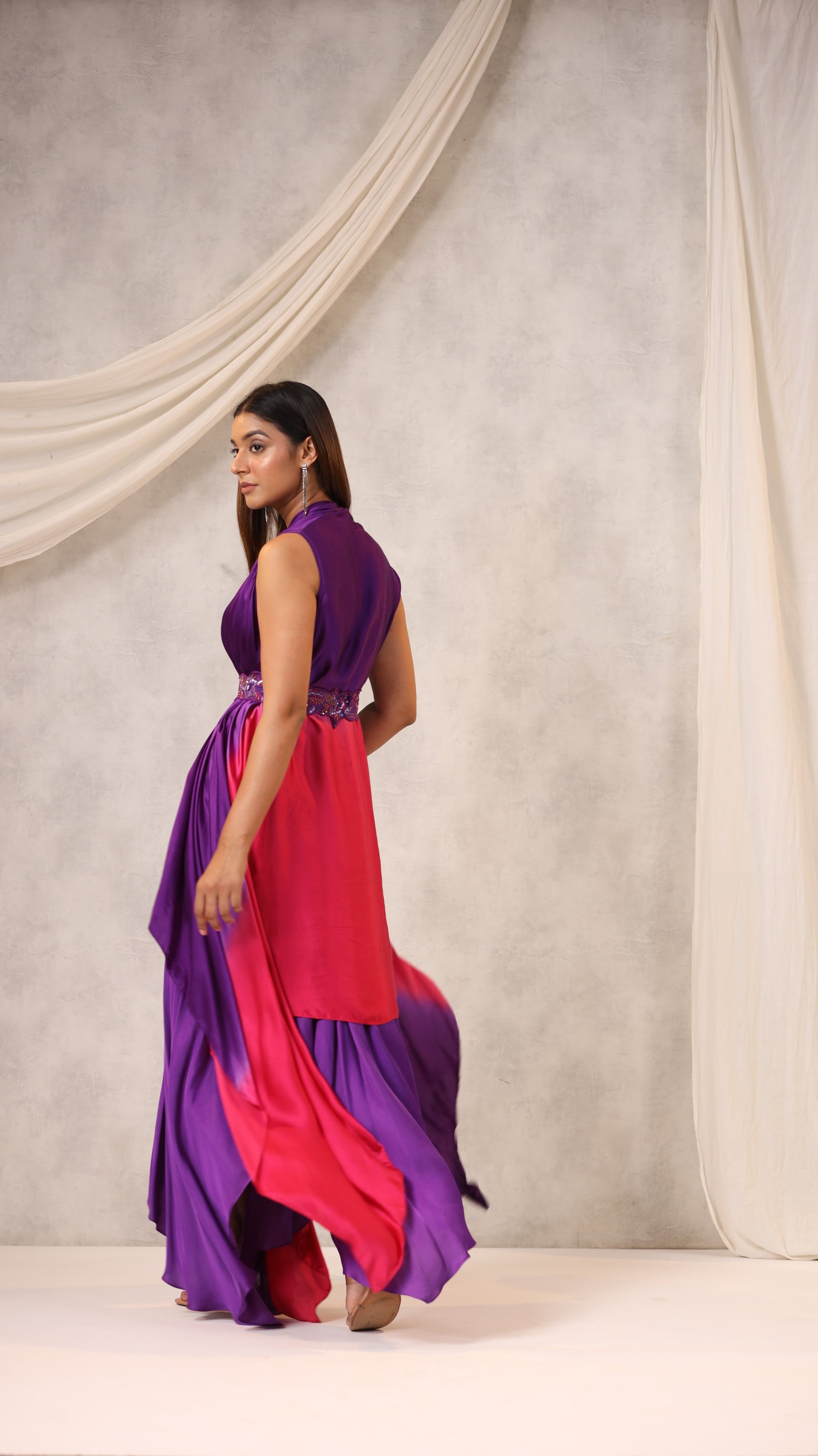 PURPLE PINK OMBRE ASYMMETRIC DRESS WITH OMBRE CAPE AND BELT