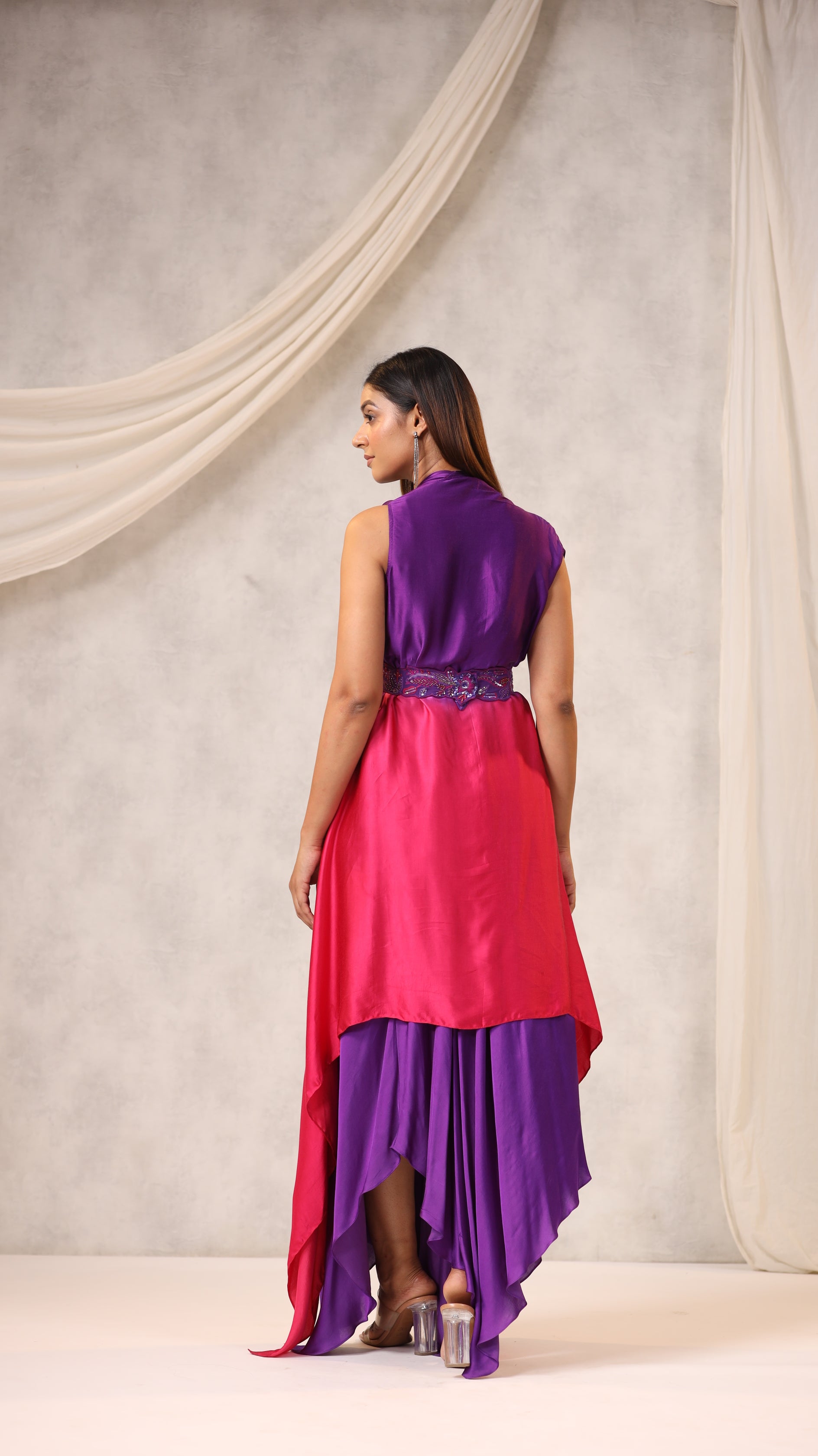 PURPLE PINK OMBRE ASYMMETRIC DRESS WITH OMBRE CAPE AND BELT