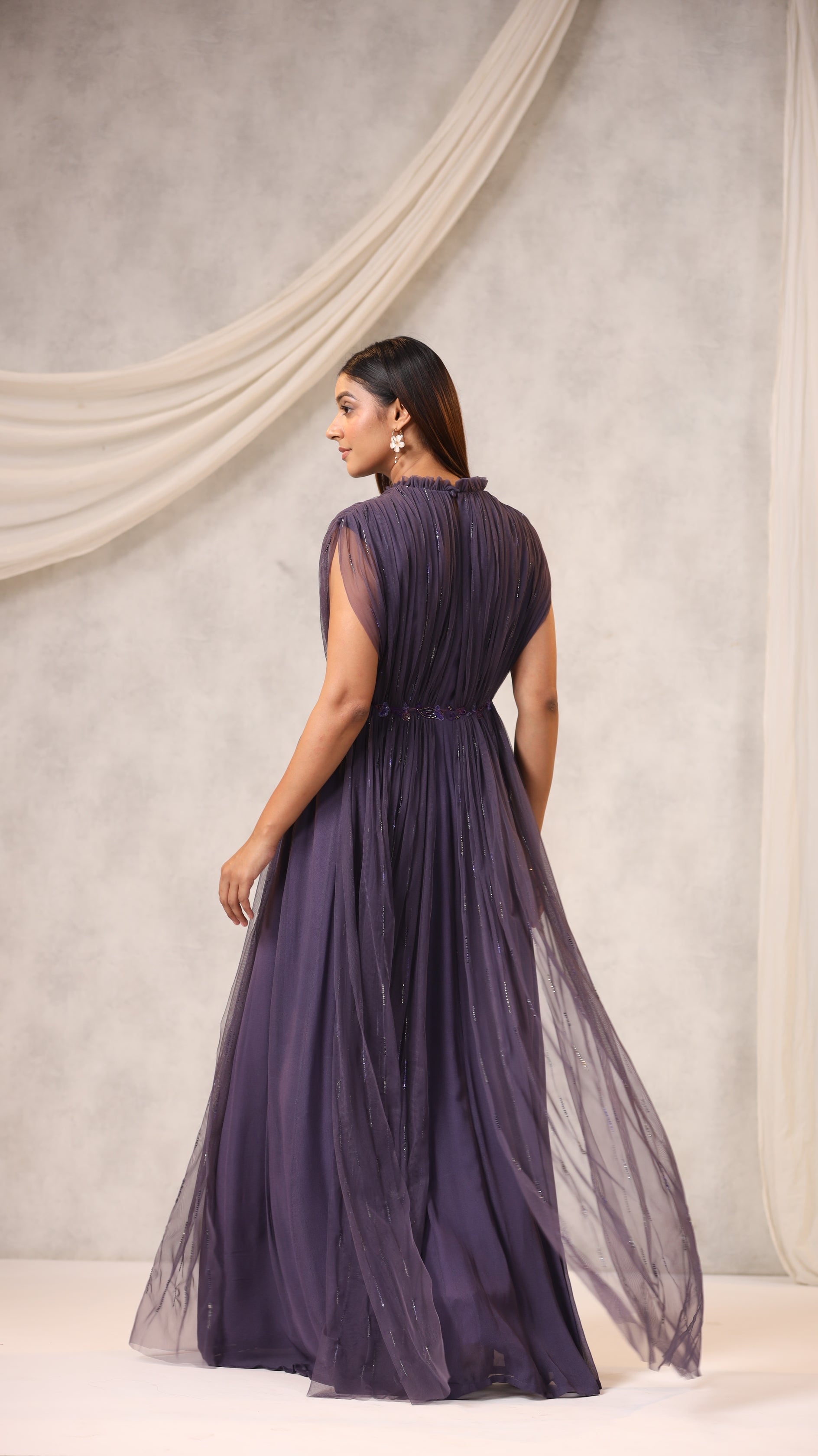 Dark Grey Georgette Sequins Embellished Gathered Gown