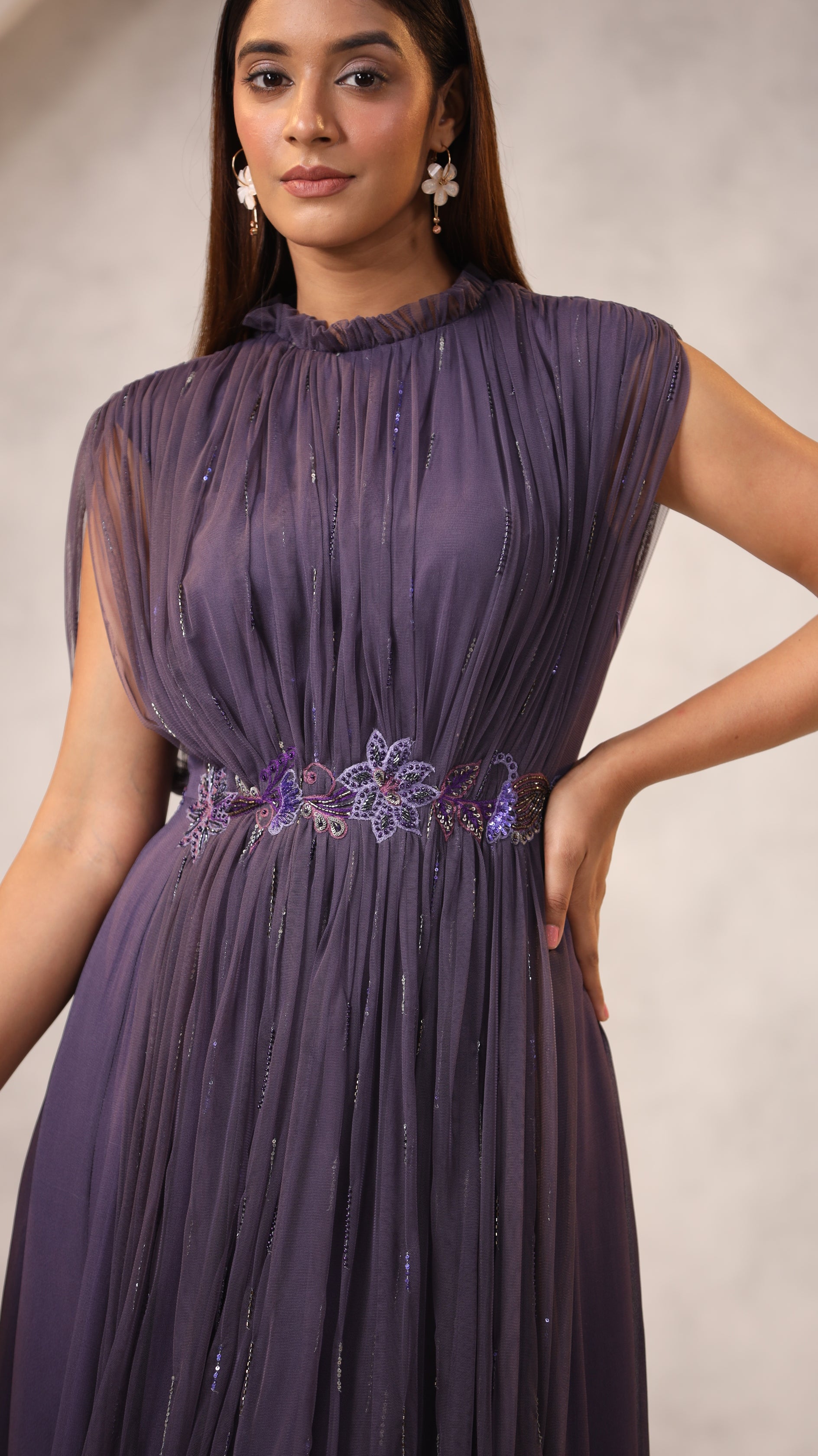 Dark Grey Georgette Sequins Embellished Gathered Gown