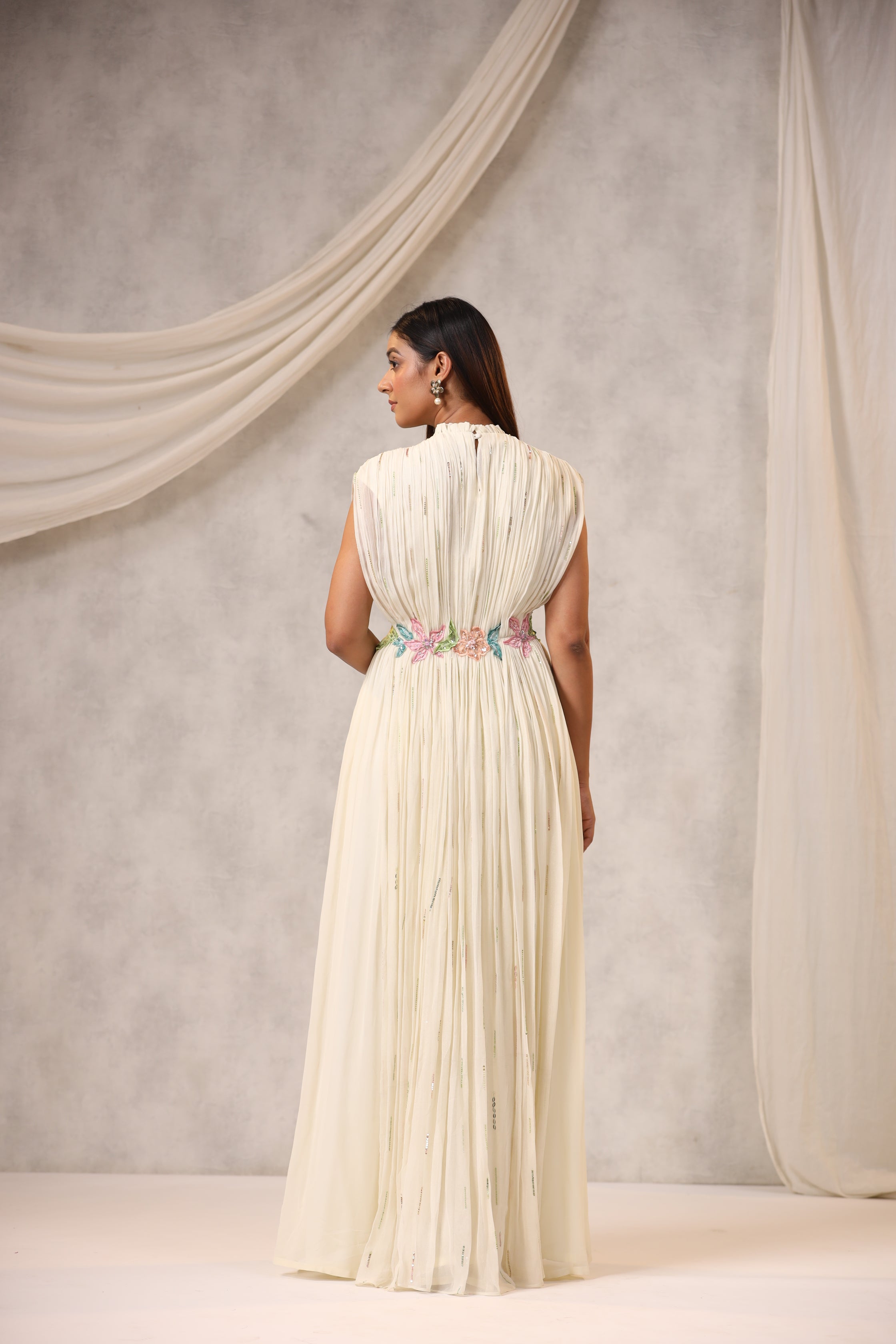 OFF WHITE GEORGETTE GATHERED GOWN WITH FLOWERS