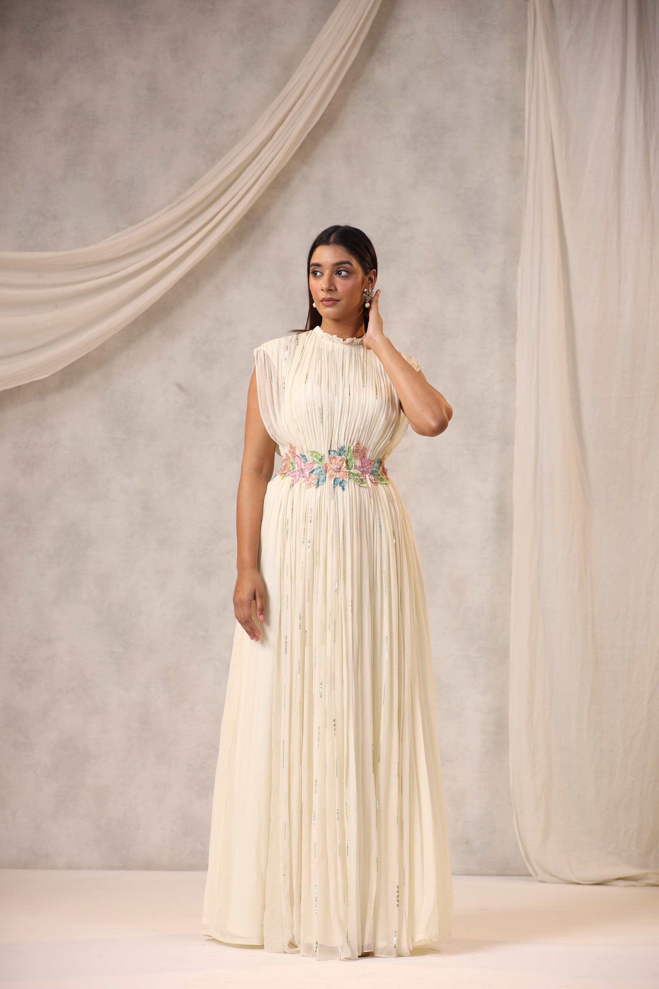 OFF WHITE GEORGETTE GATHERED GOWN WITH FLOWERS