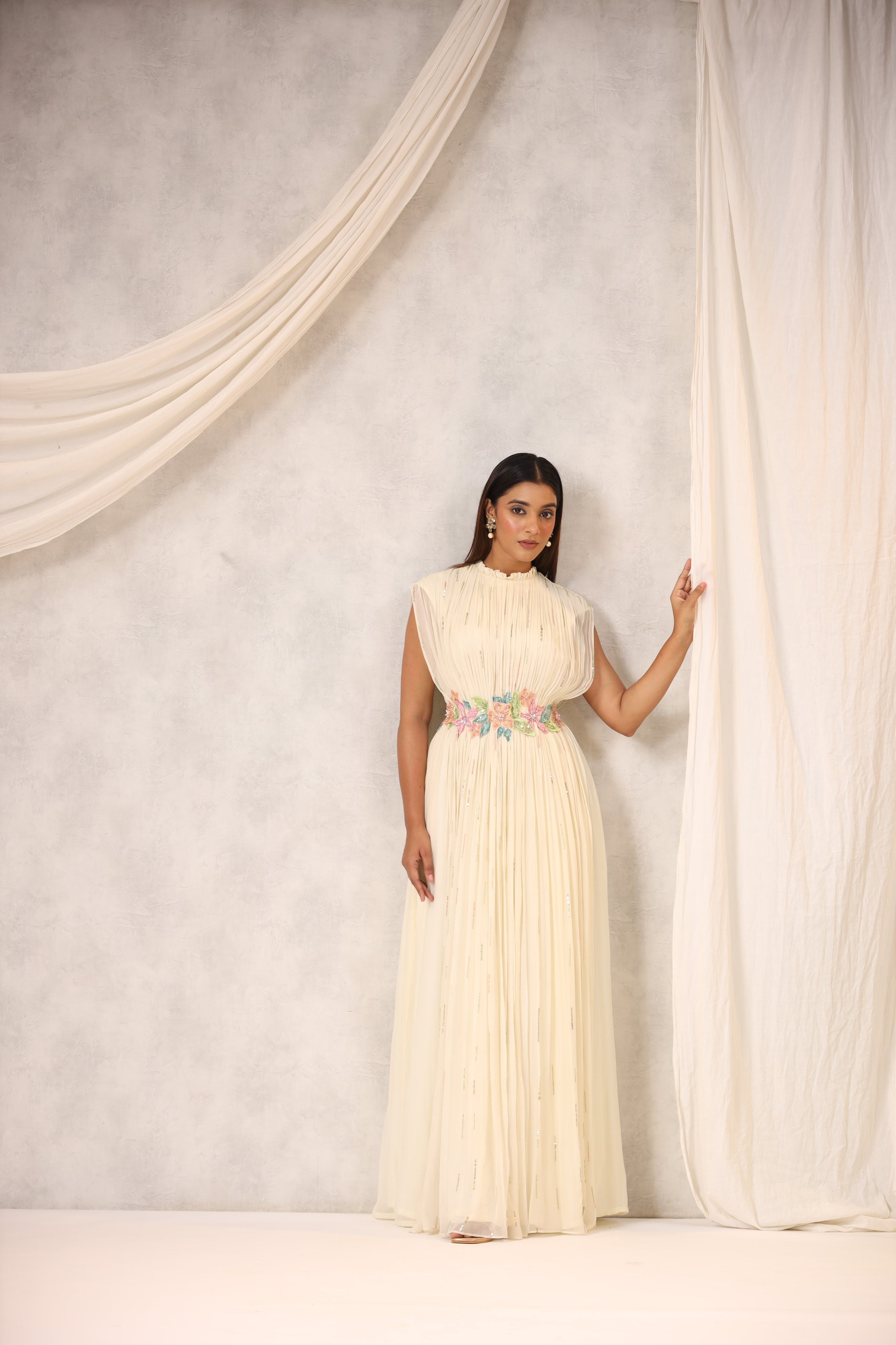 OFF WHITE GEORGETTE GATHERED GOWN WITH FLOWERS