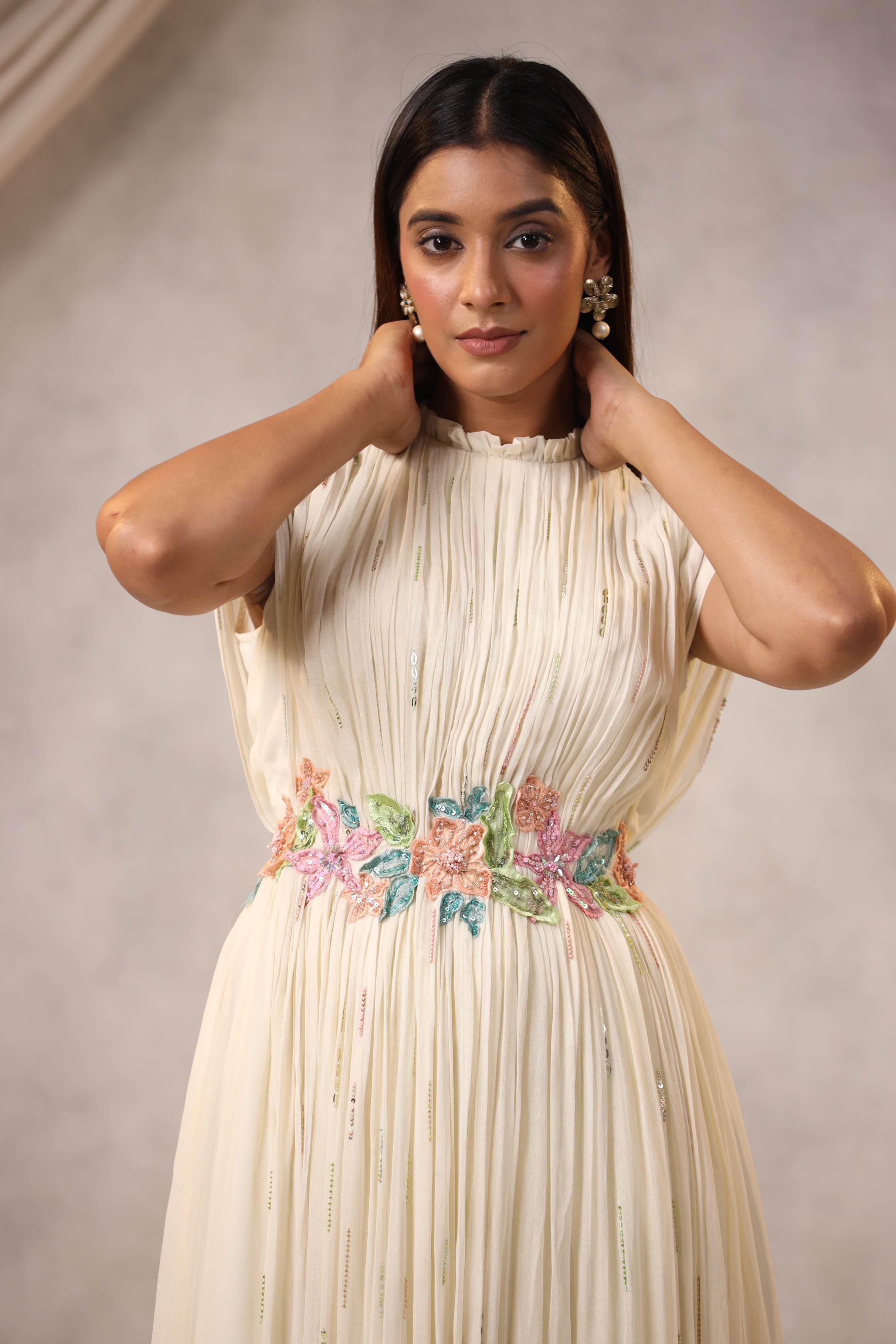 OFF WHITE GEORGETTE GATHERED GOWN WITH FLOWERS