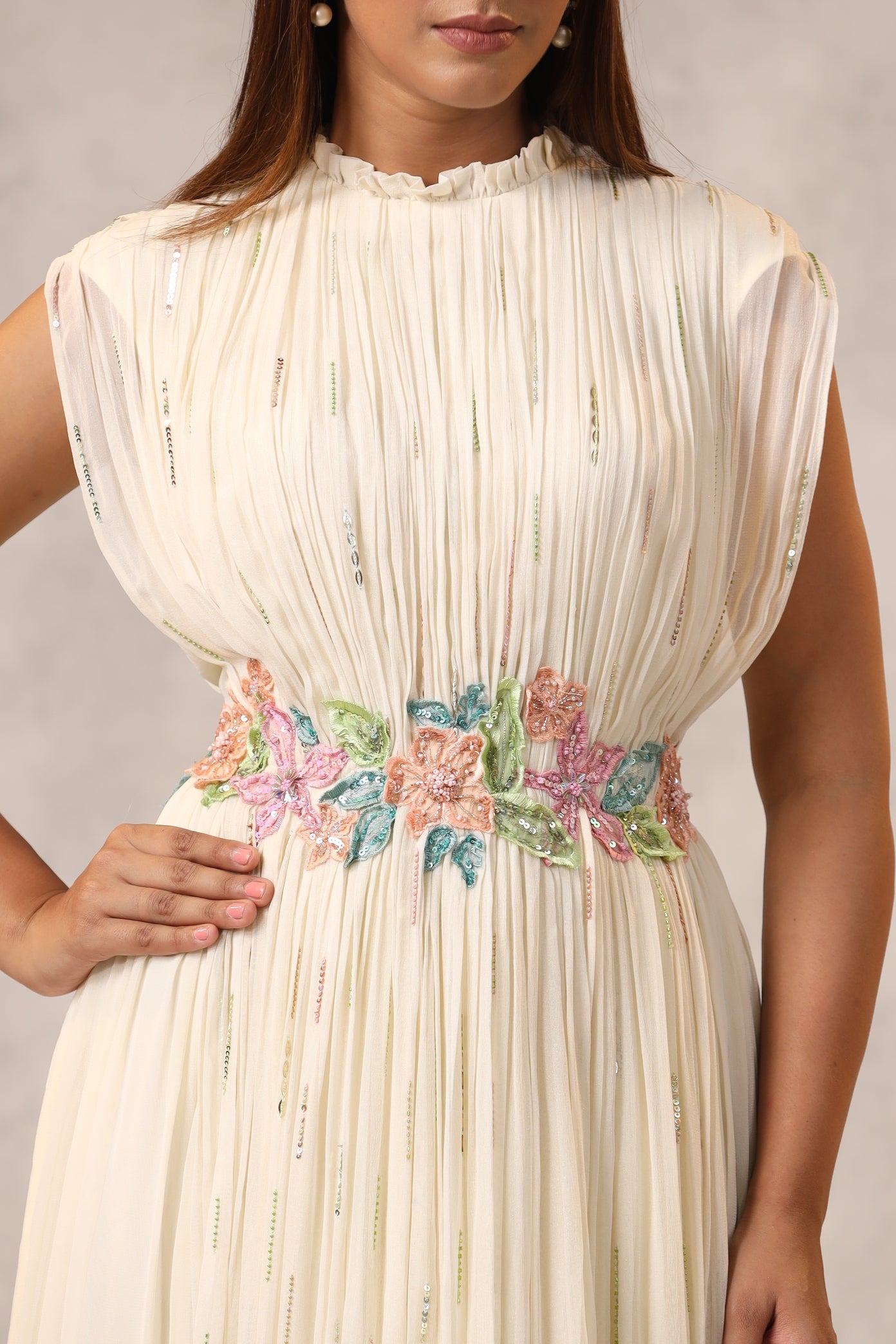 OFF WHITE GEORGETTE GATHERED GOWN WITH FLOWERS