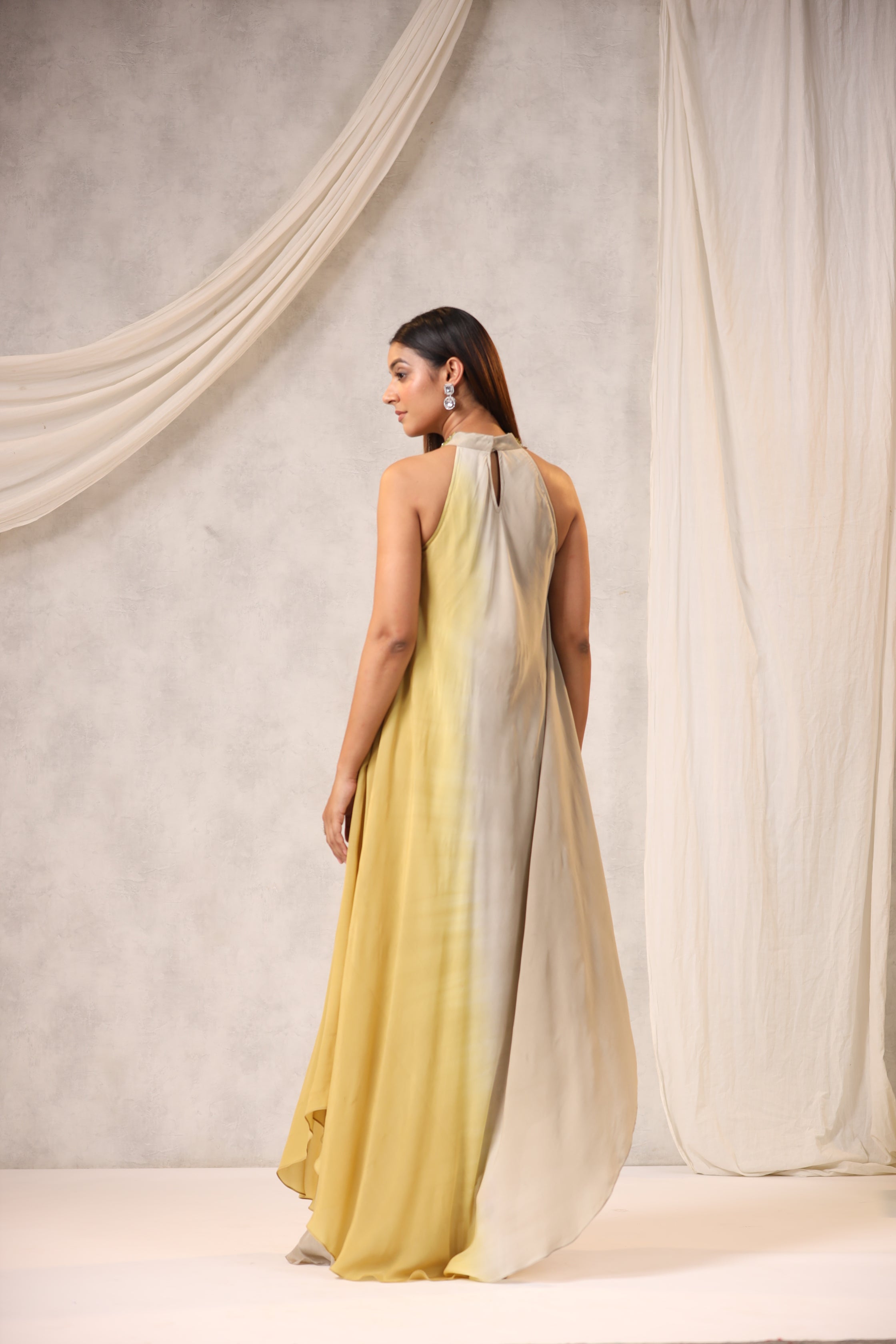 Beige & Mustard Georgette Sequins Embroidered Dress