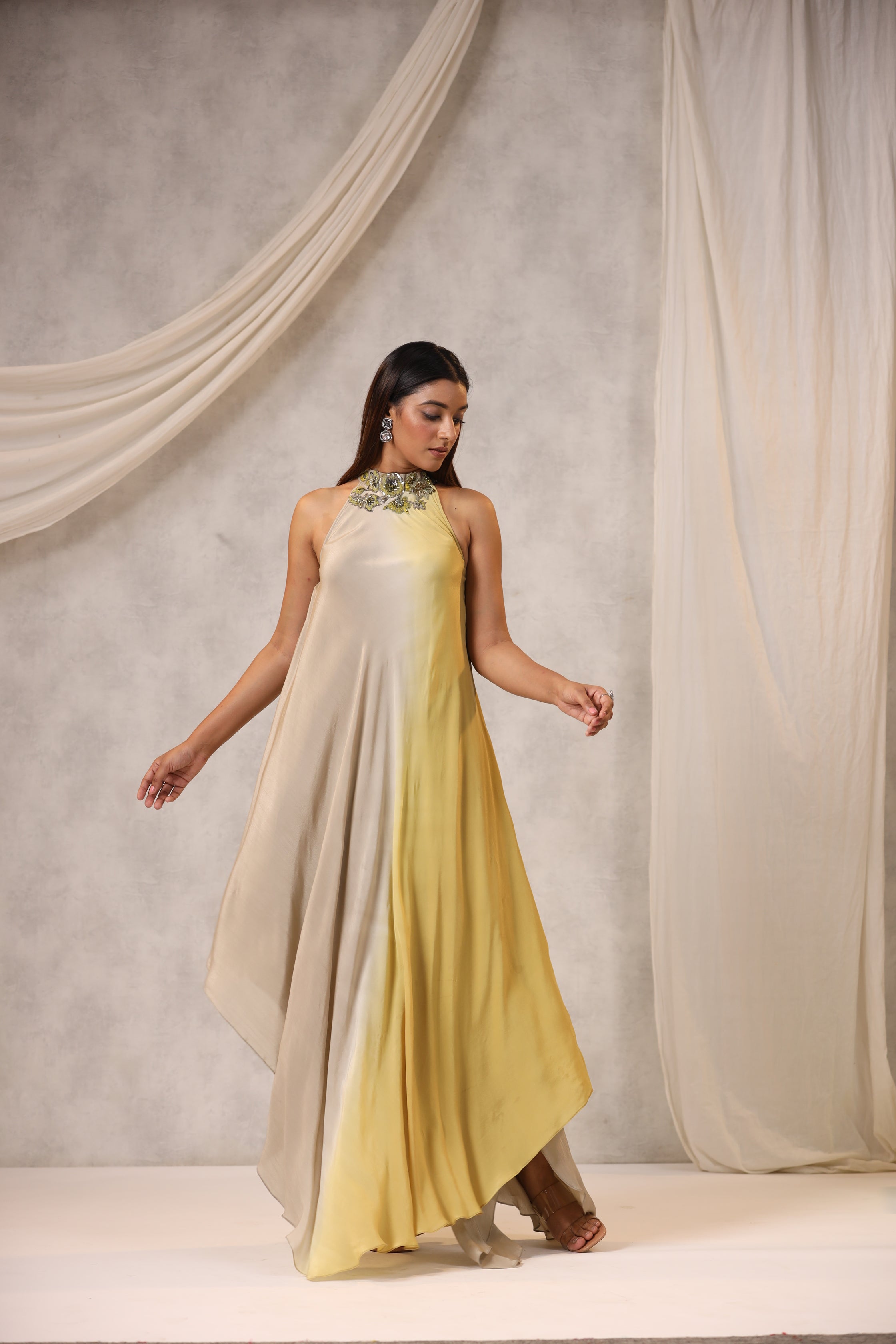 Beige & Mustard Georgette Sequins Embroidered Dress